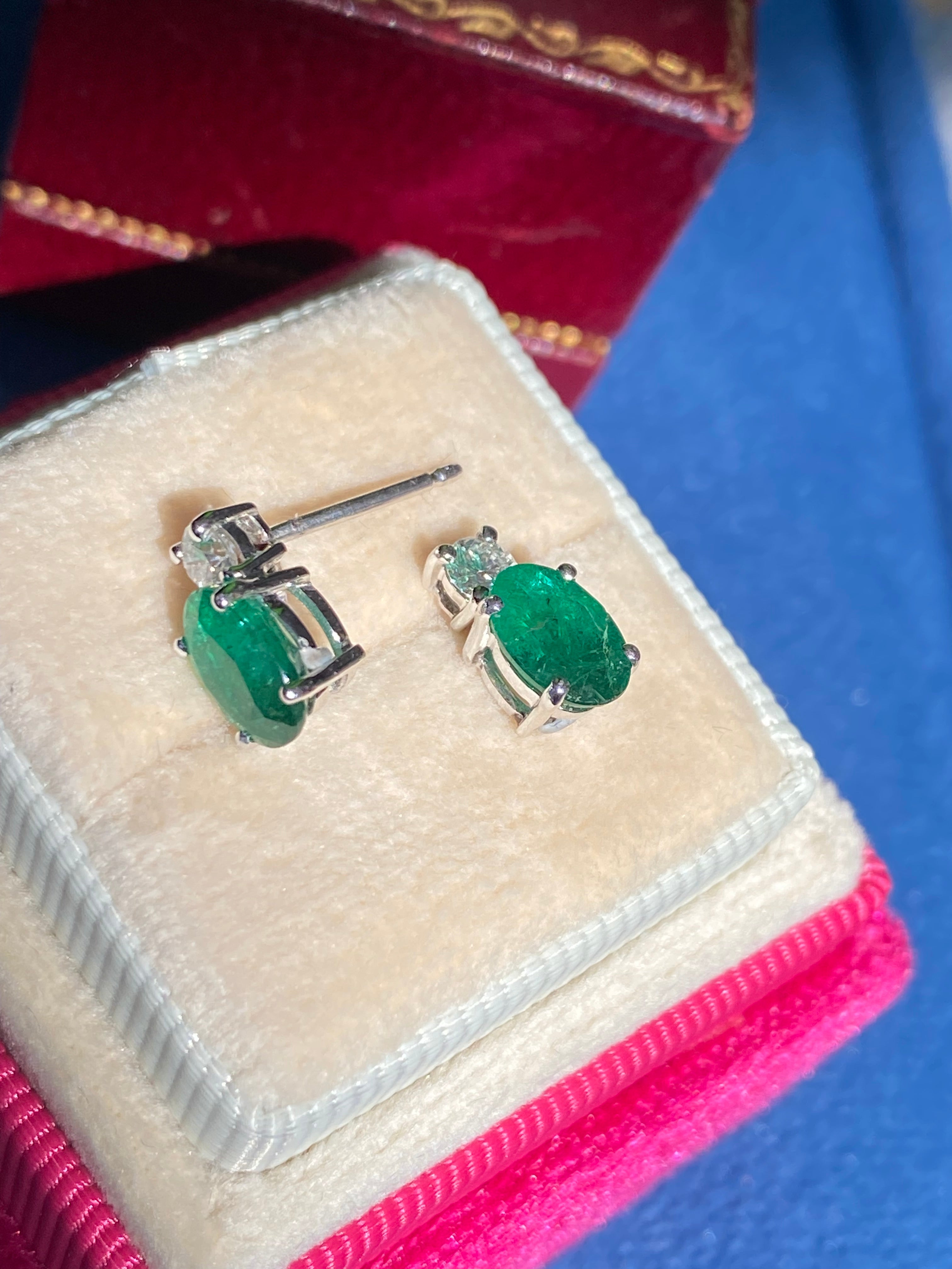 2.17 CTW Emerald and Natural Diamond Stud Earrings in 18ct White Gold