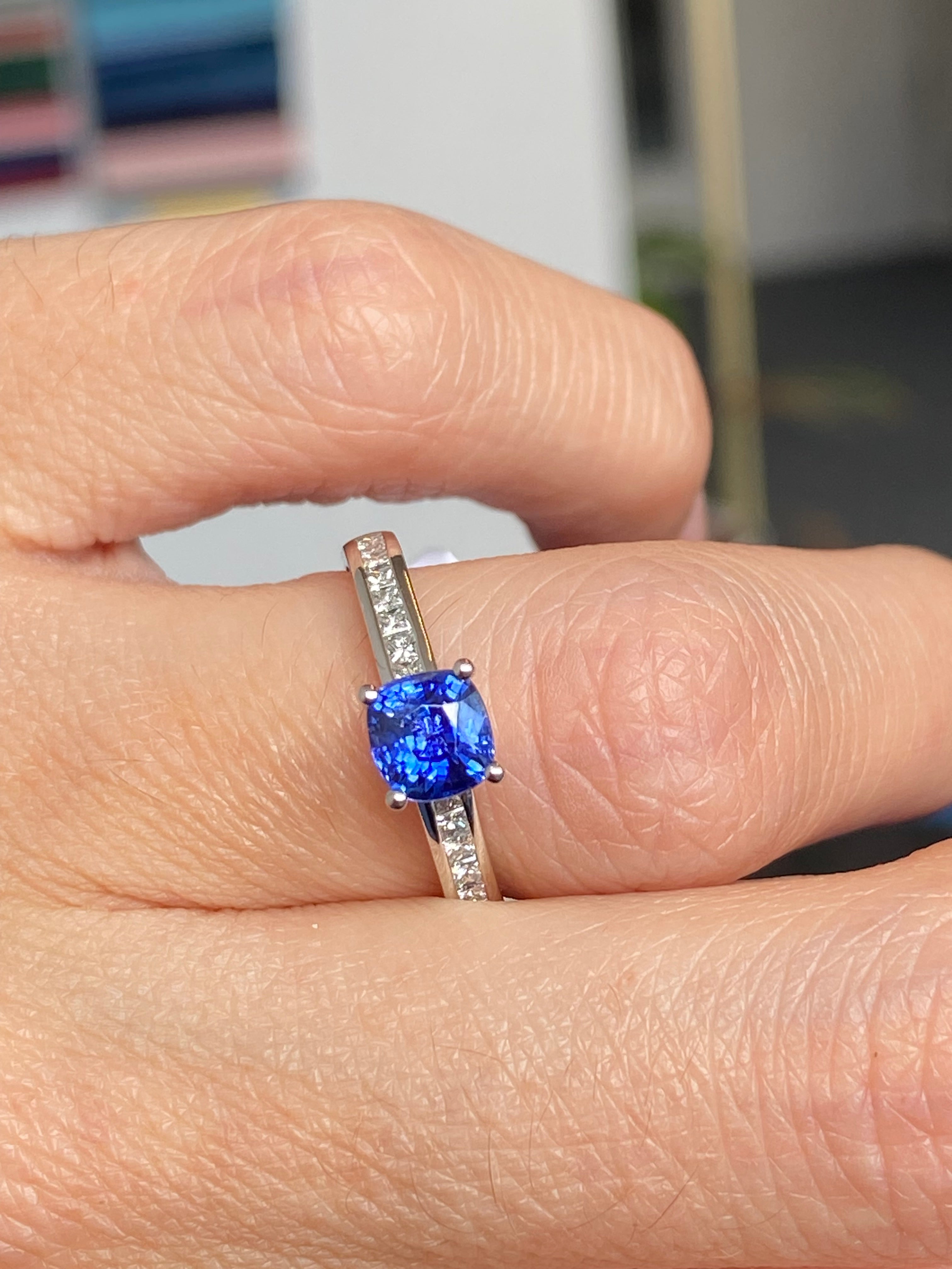 1.02 Carat Cushion Cut Blue Ceylon Sapphire Solitaire Style Engagement Ring in Platinum