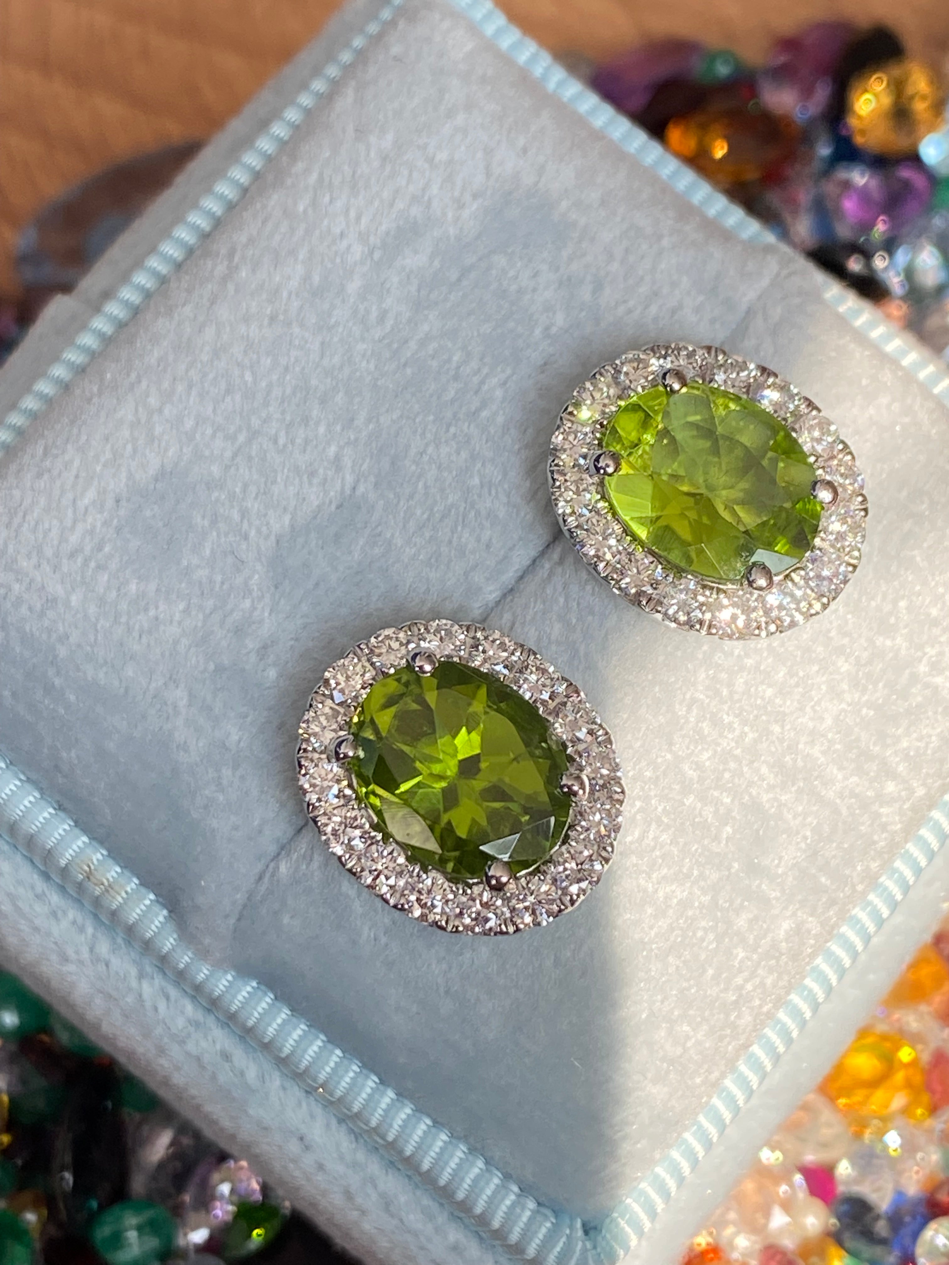 5.63 CTW Peridot and Natural Diamond Stud Earrings in 9ct White Gold
