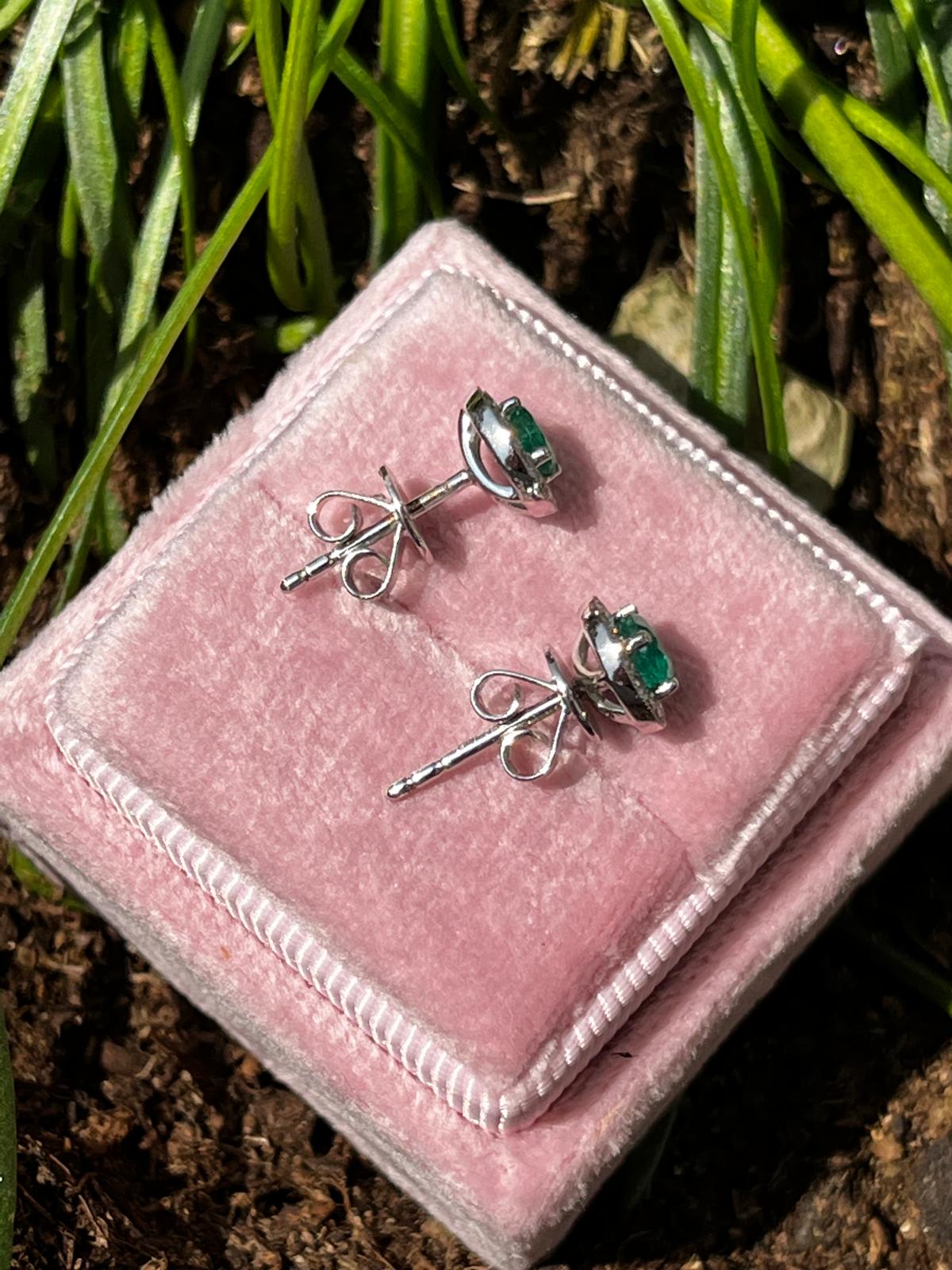 Emerald and Natural Diamond Halo Stud Earrings in 18ct White Gold