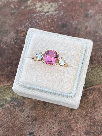 3.12ctw Pink Tourmaline and Natural Diamond Three Stone Ring in 18ct Yellow Gold