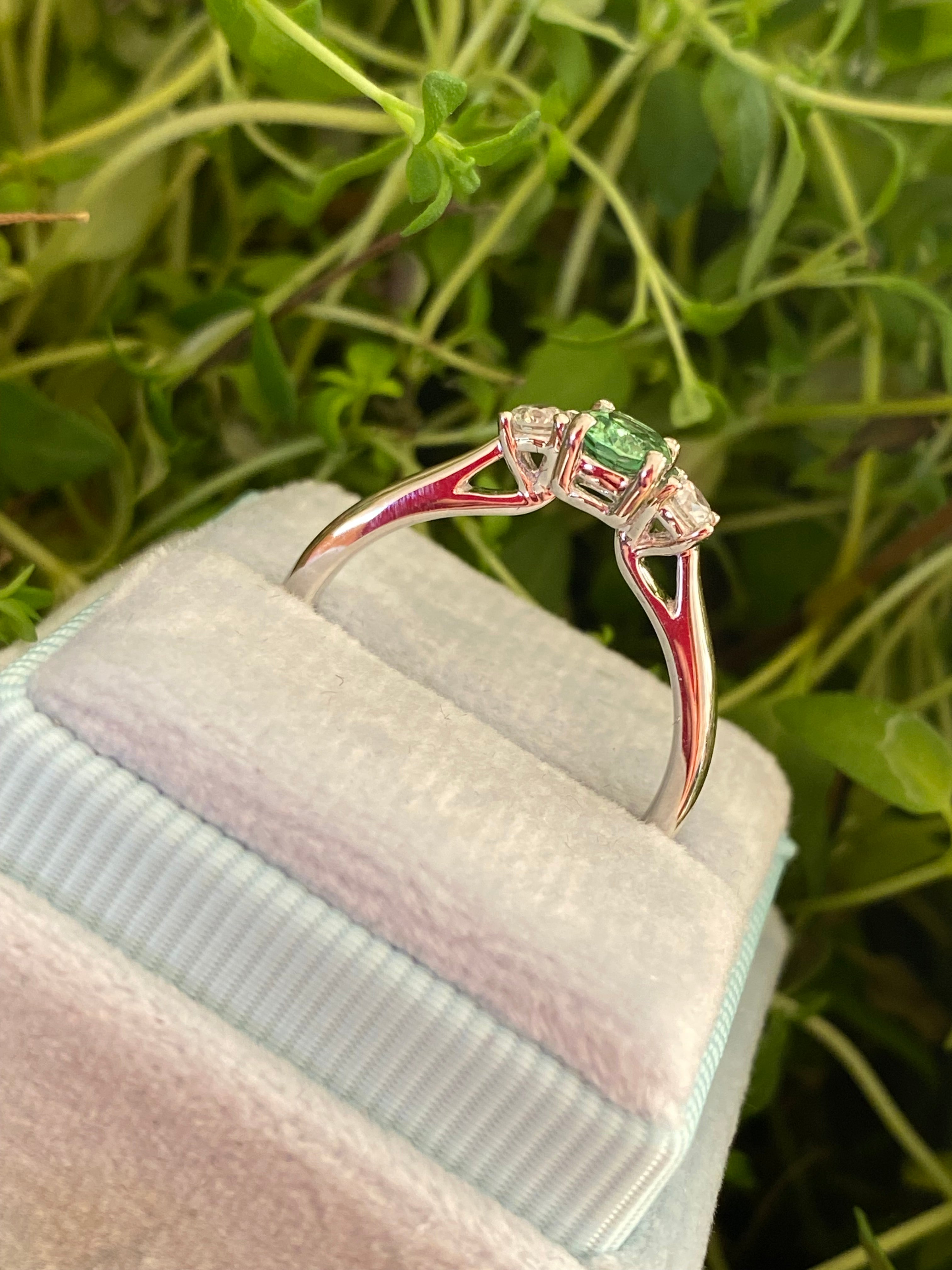 0.40 Carat Tsavorite Garnet and 0.20 Carat Diamond Three Stone Engagement Ring in Platinum