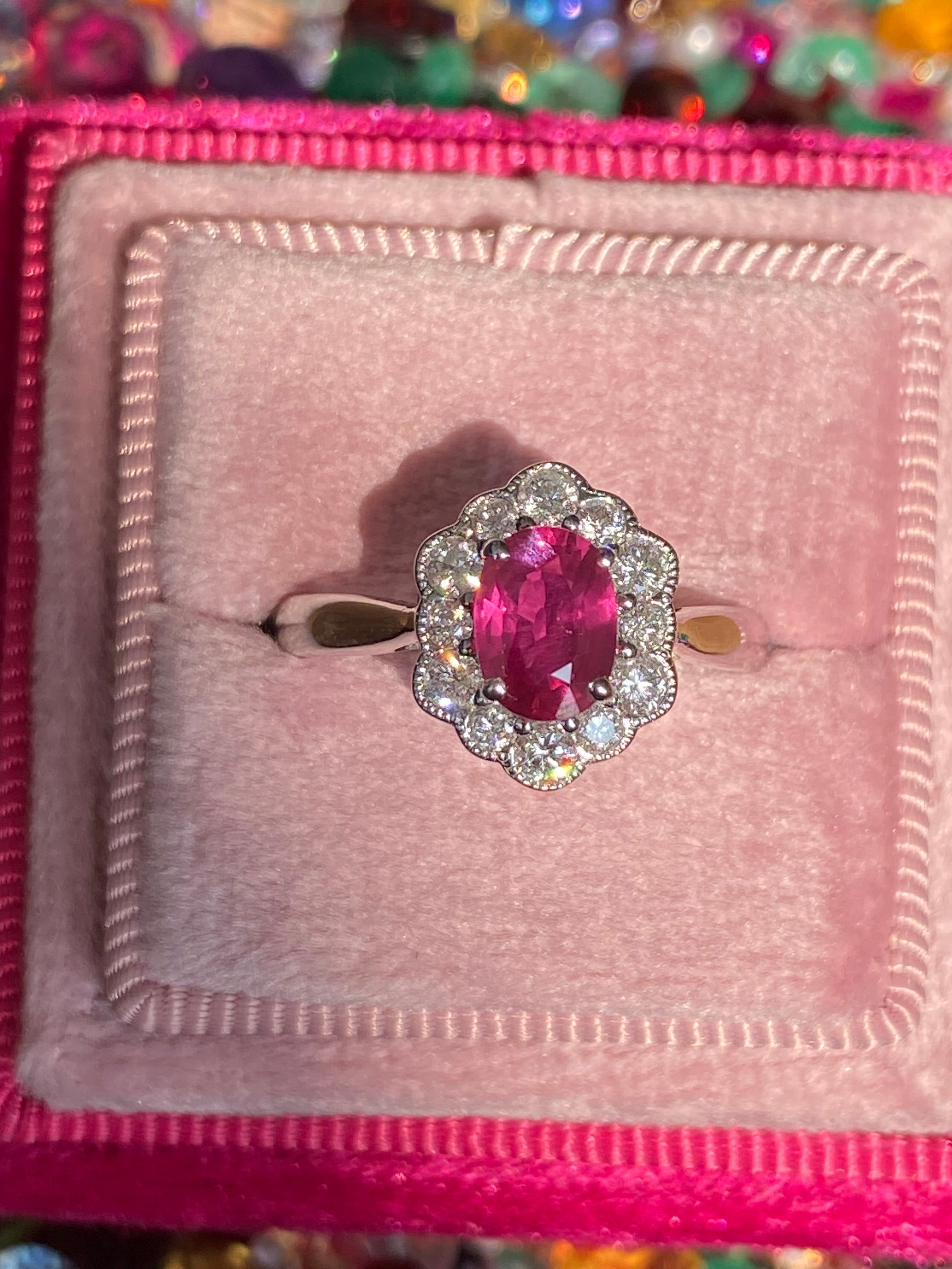 1.49 CTW Ruby and Natural Diamond Halo Ring in 18ct White Gold