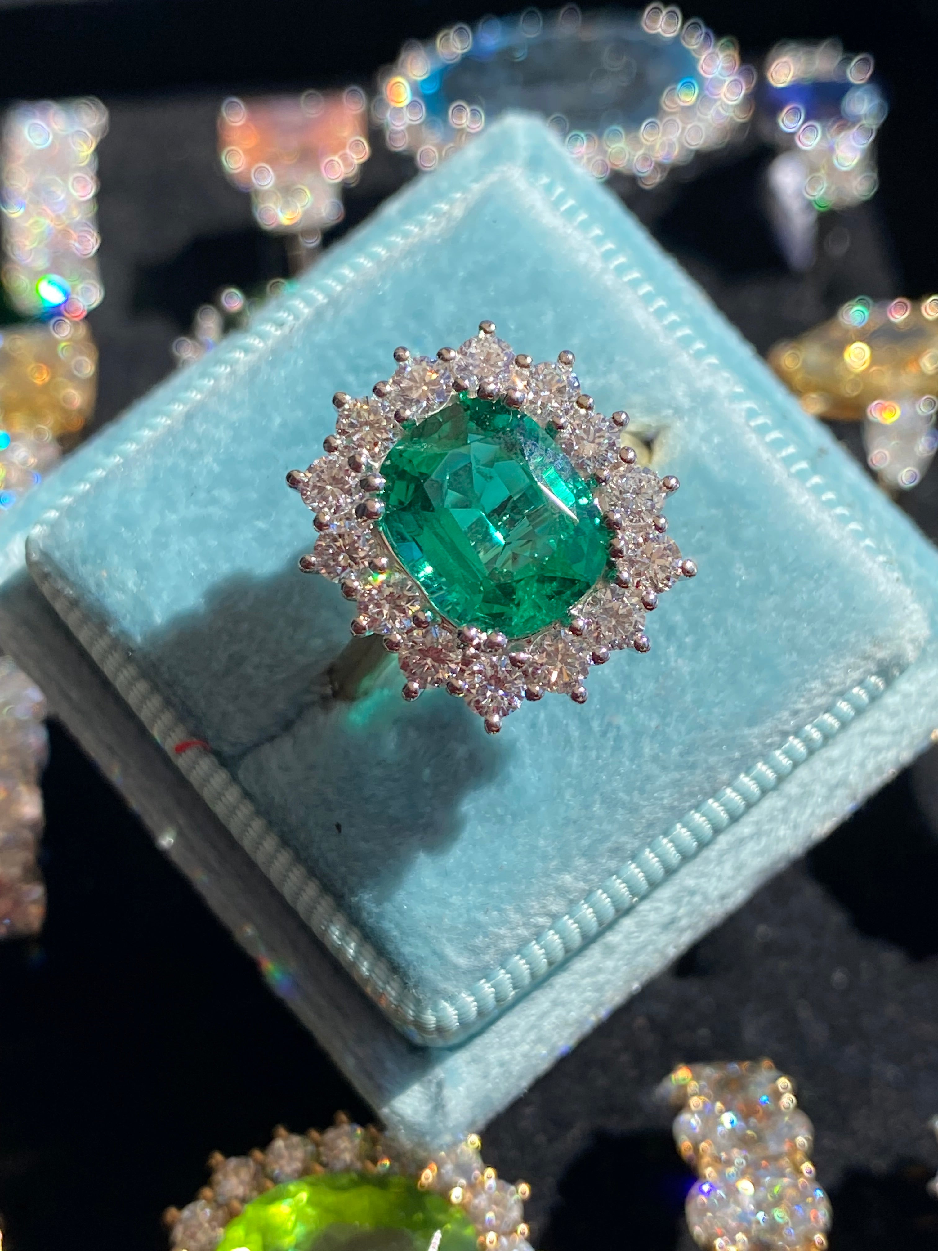 2.58 Carat Cushion Cut GIA Zambian Emerald and 1.07 CTW Natural Diamond Halo Ring in Platinum and 18ct Yellow Gold