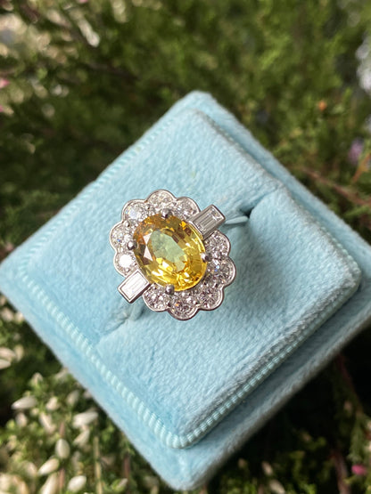 2.45 Carat Yellow Sapphire and Natural Diamond Halo Ring in Platinum