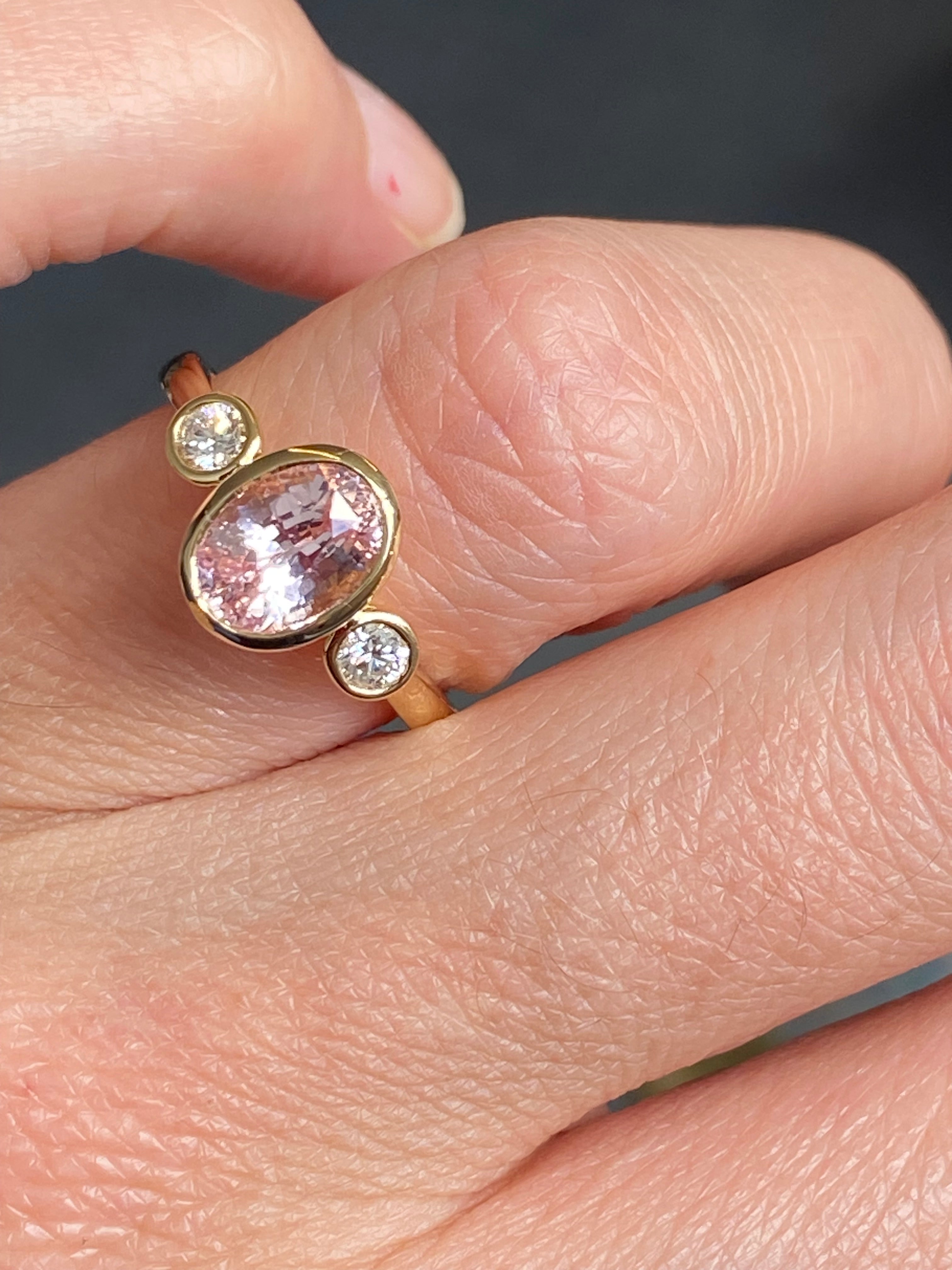 2.02 CTW Peach Sapphire and Natural Diamond Three Stone Ring in 18ct Yellow Gold