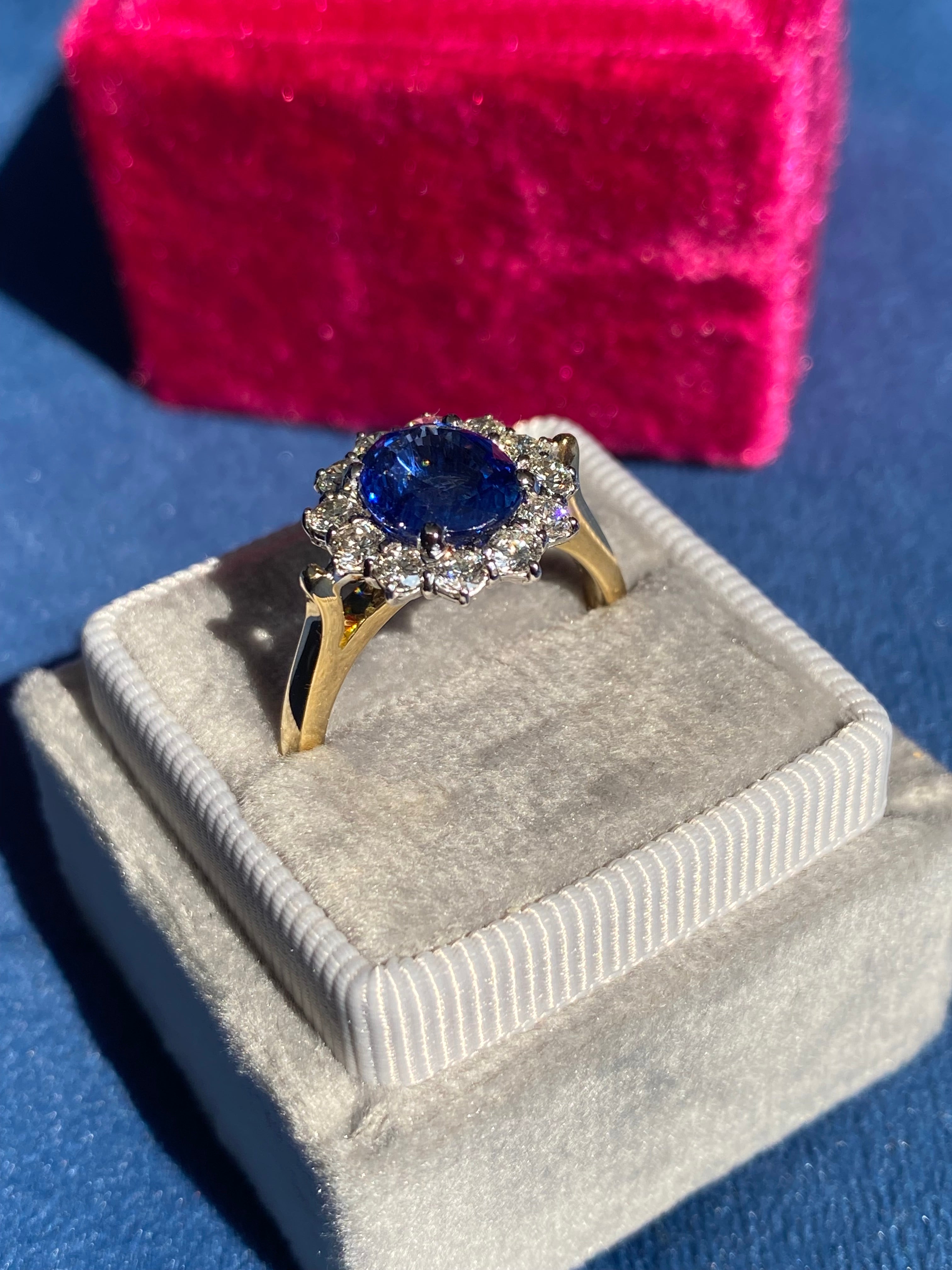 3.31 CTW Ceylon Sapphire and Natural Diamond Halo Ring in 18ct Gold