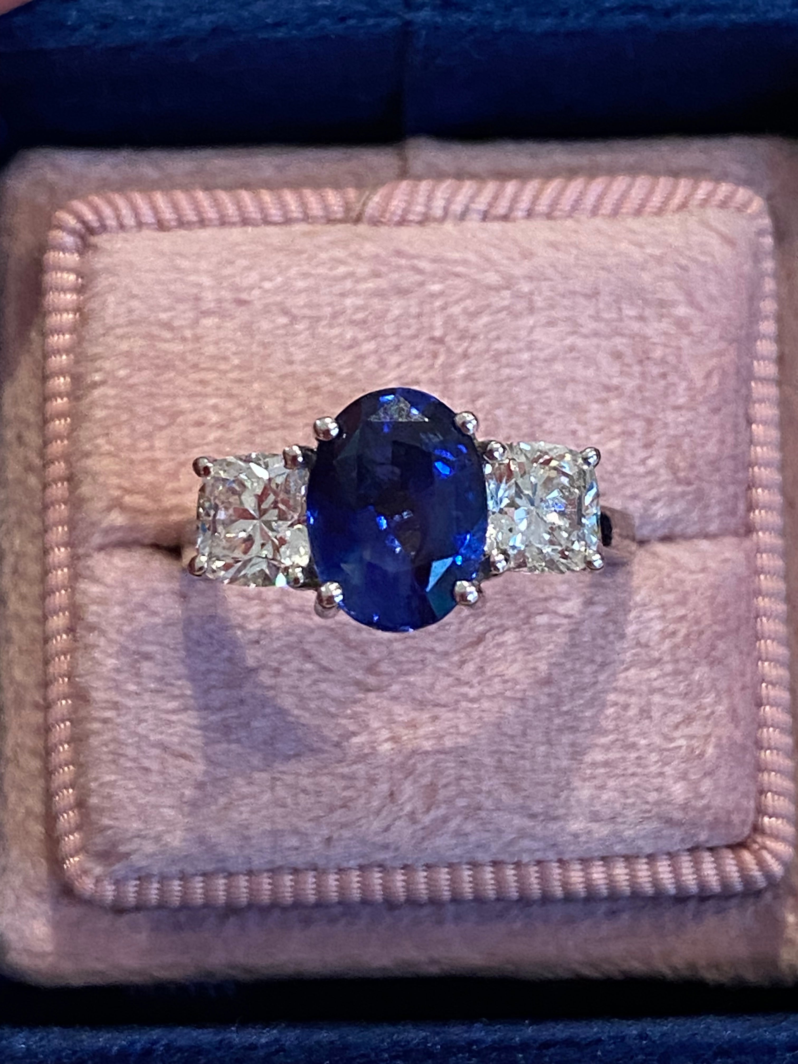 4.33 CTW Blue Ceylon Sapphire and Natural Diamond Three Stone Engagement Ring in Platinum