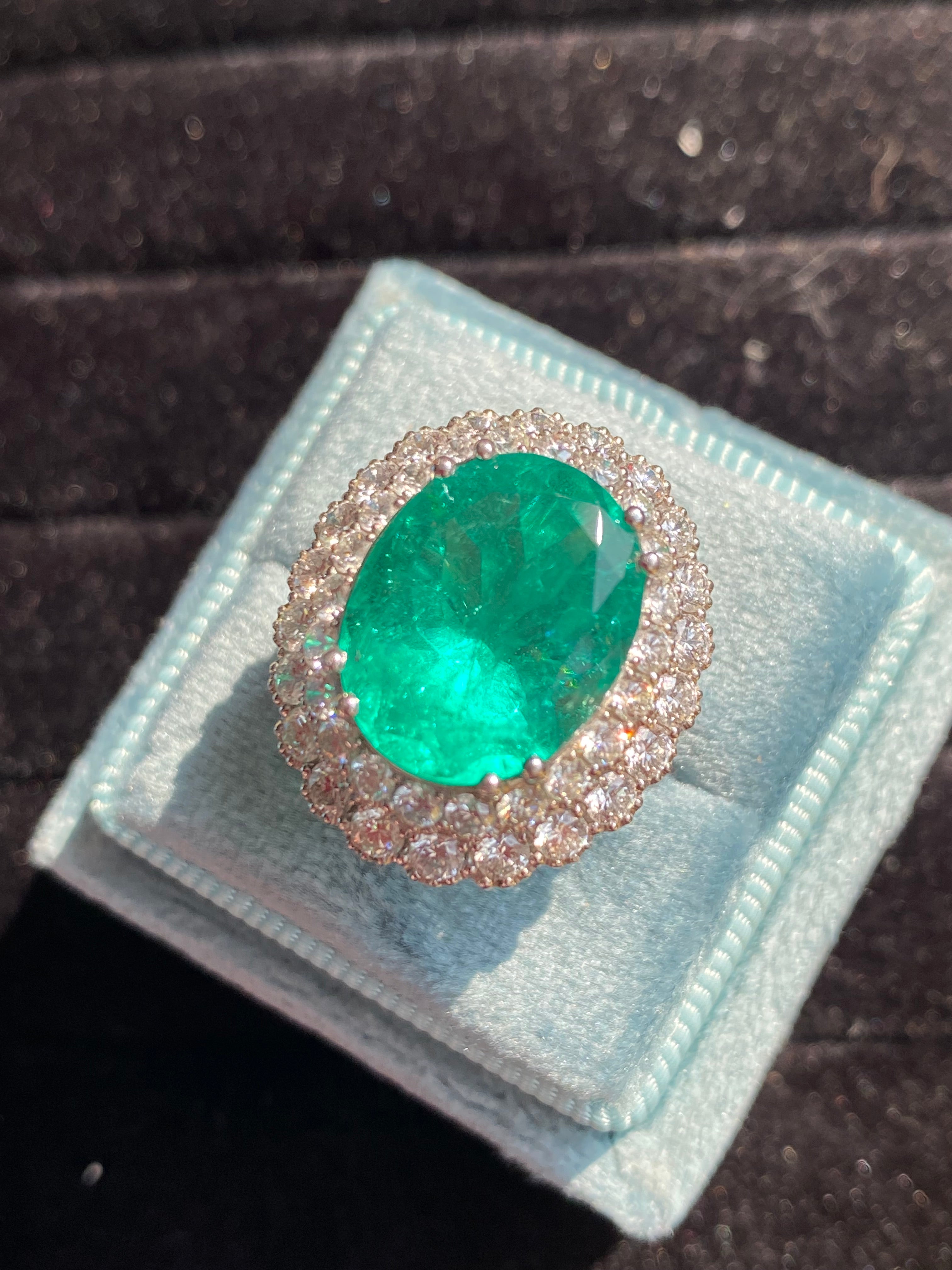 9.10 CTW Colombian Emerald and Natural Diamond Double Halo Ring in Platinum