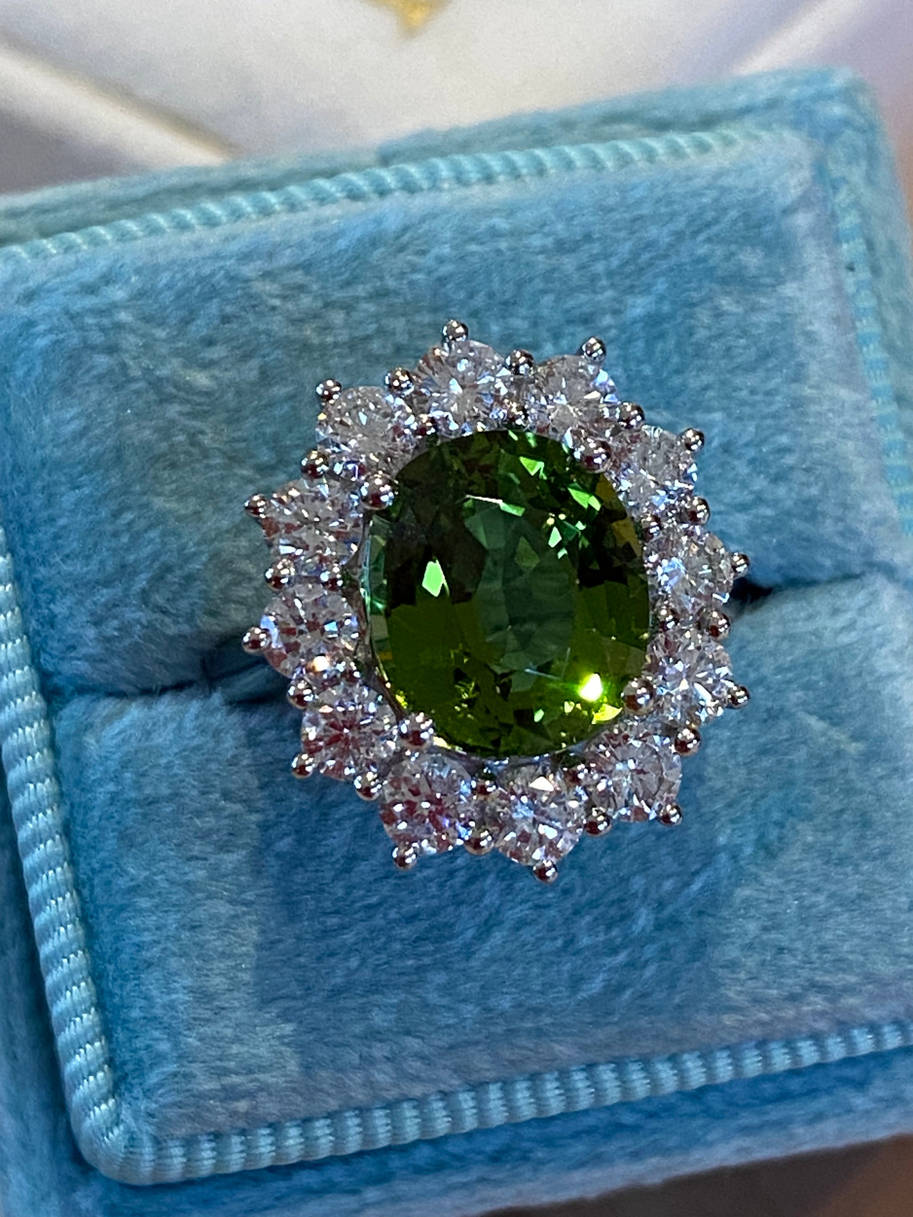 4.99 CTW Green Tourmaline and Natural Diamond Halo Ring in Platinum