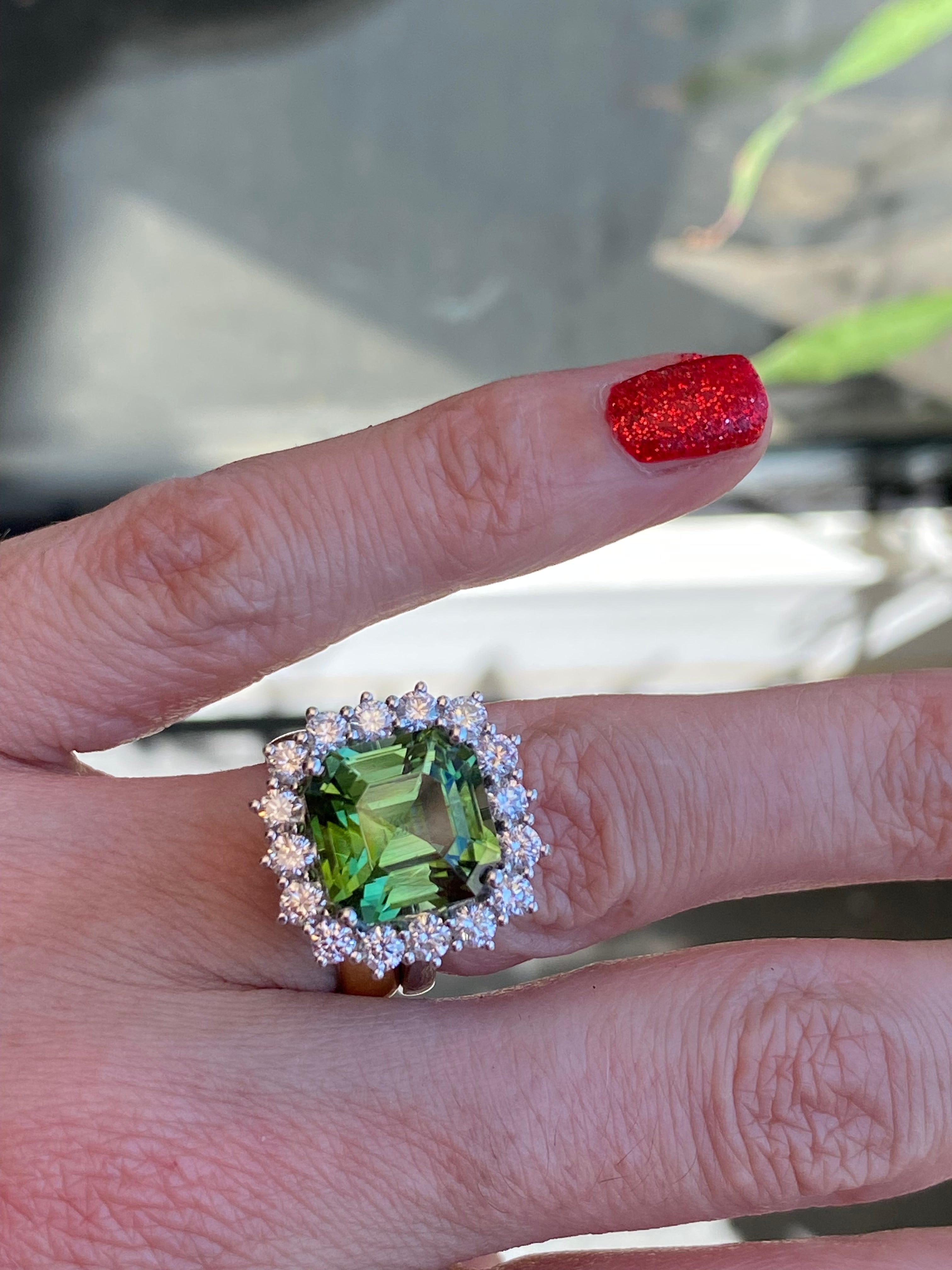 8.44 Carat Asscher Cut Green Tourmaline and 1.38ctw Natural Diamond Ring in Platinum
