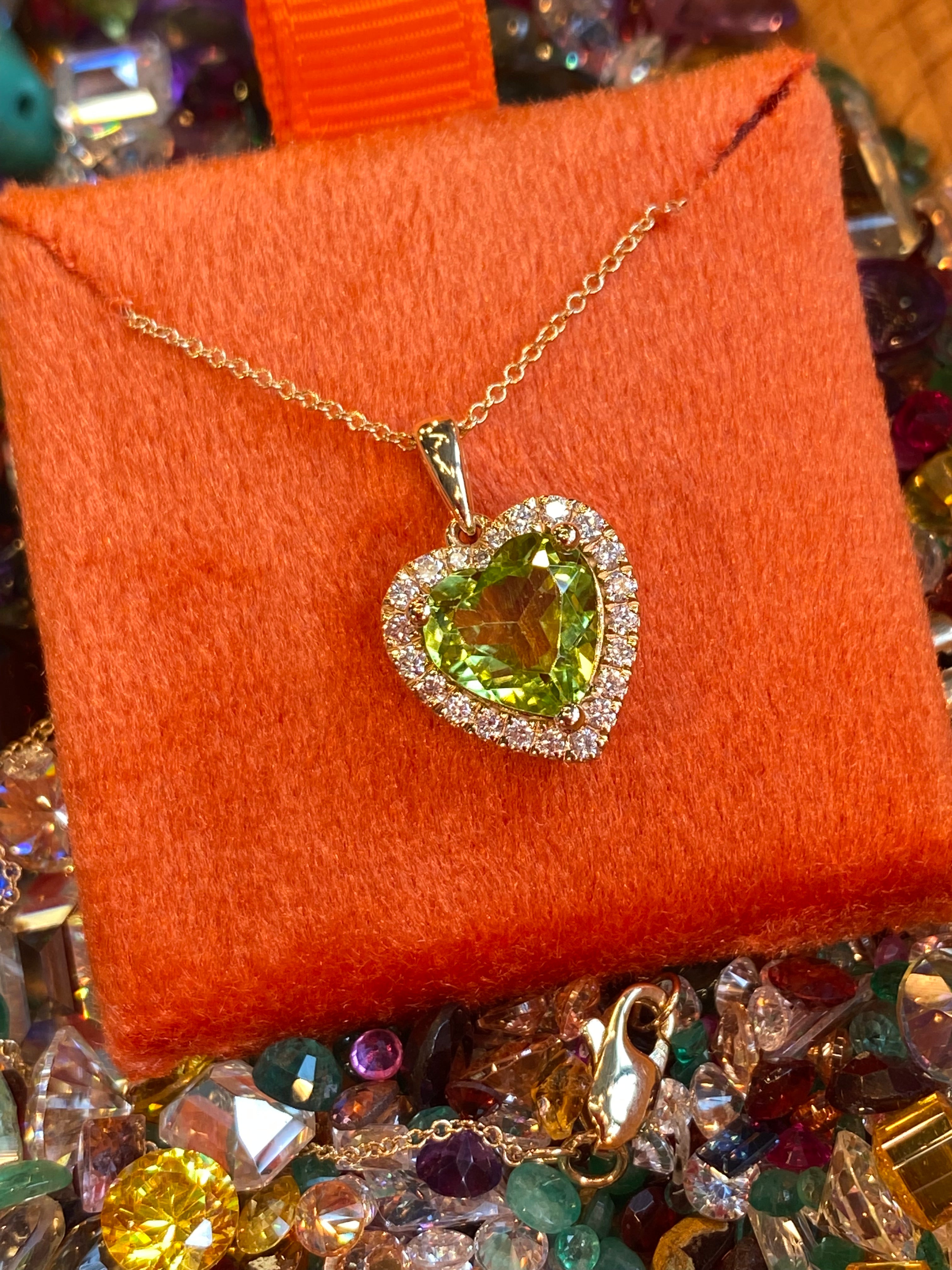 Heart Shaped Peridot and Natural Diamond Pendant Necklace in 9ct Yellow Gold