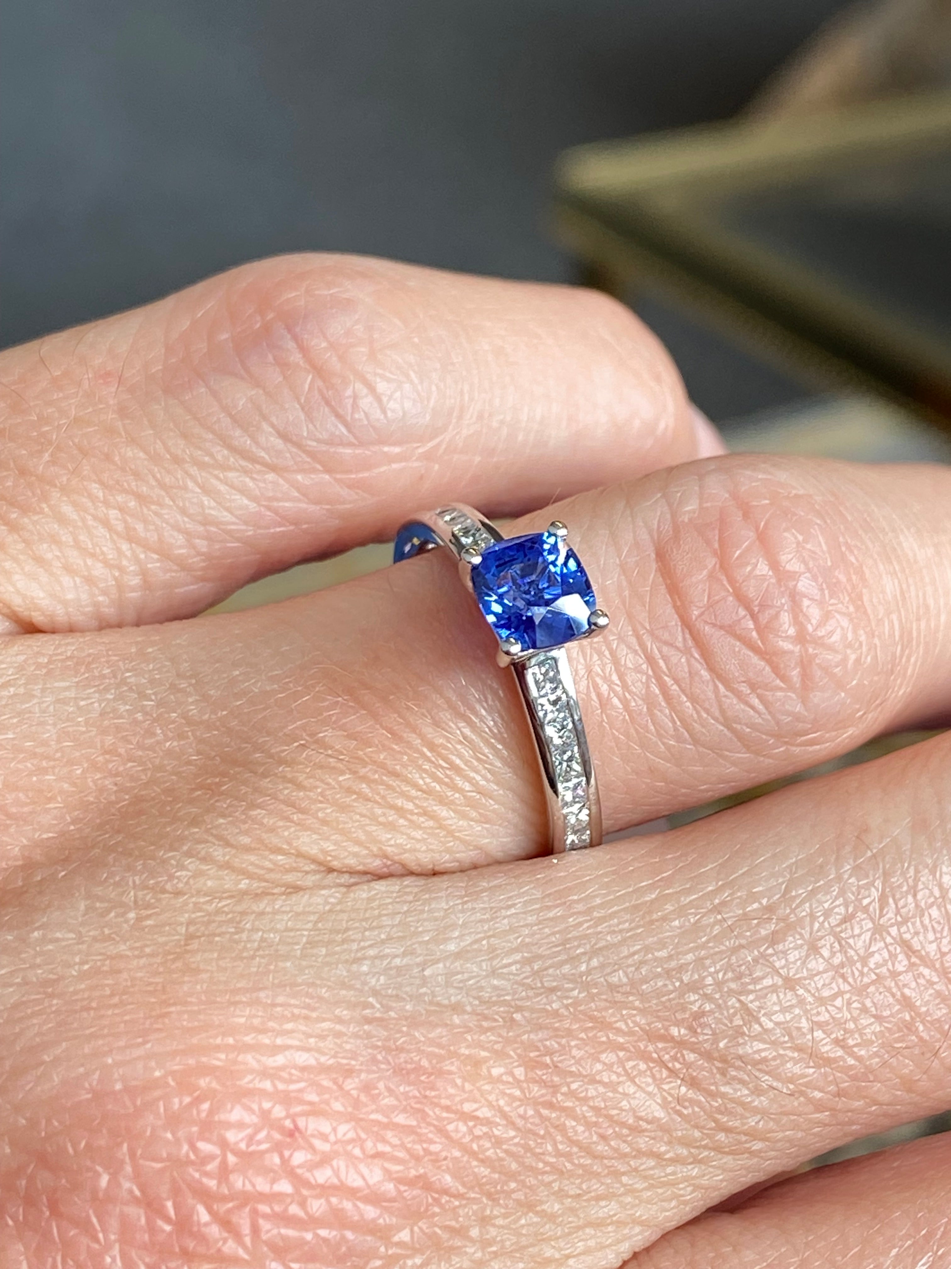 1.02 Carat Cushion Cut Blue Ceylon Sapphire Solitaire Style Engagement Ring in Platinum