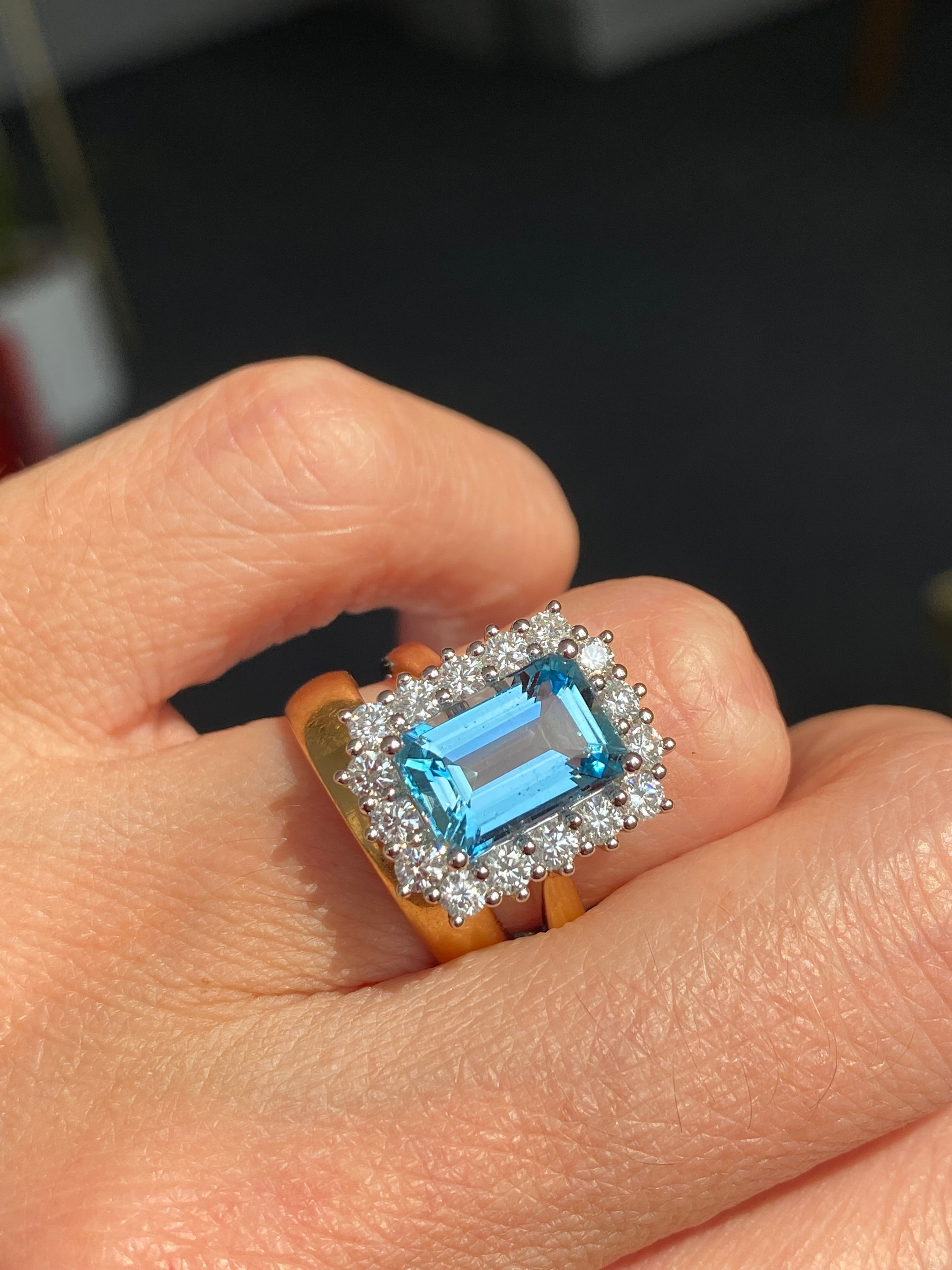 3.05 Carat Aquamarine and 0.89ctw Natural Diamond Halo Ring in Platinum and 18ct Yellow Gold