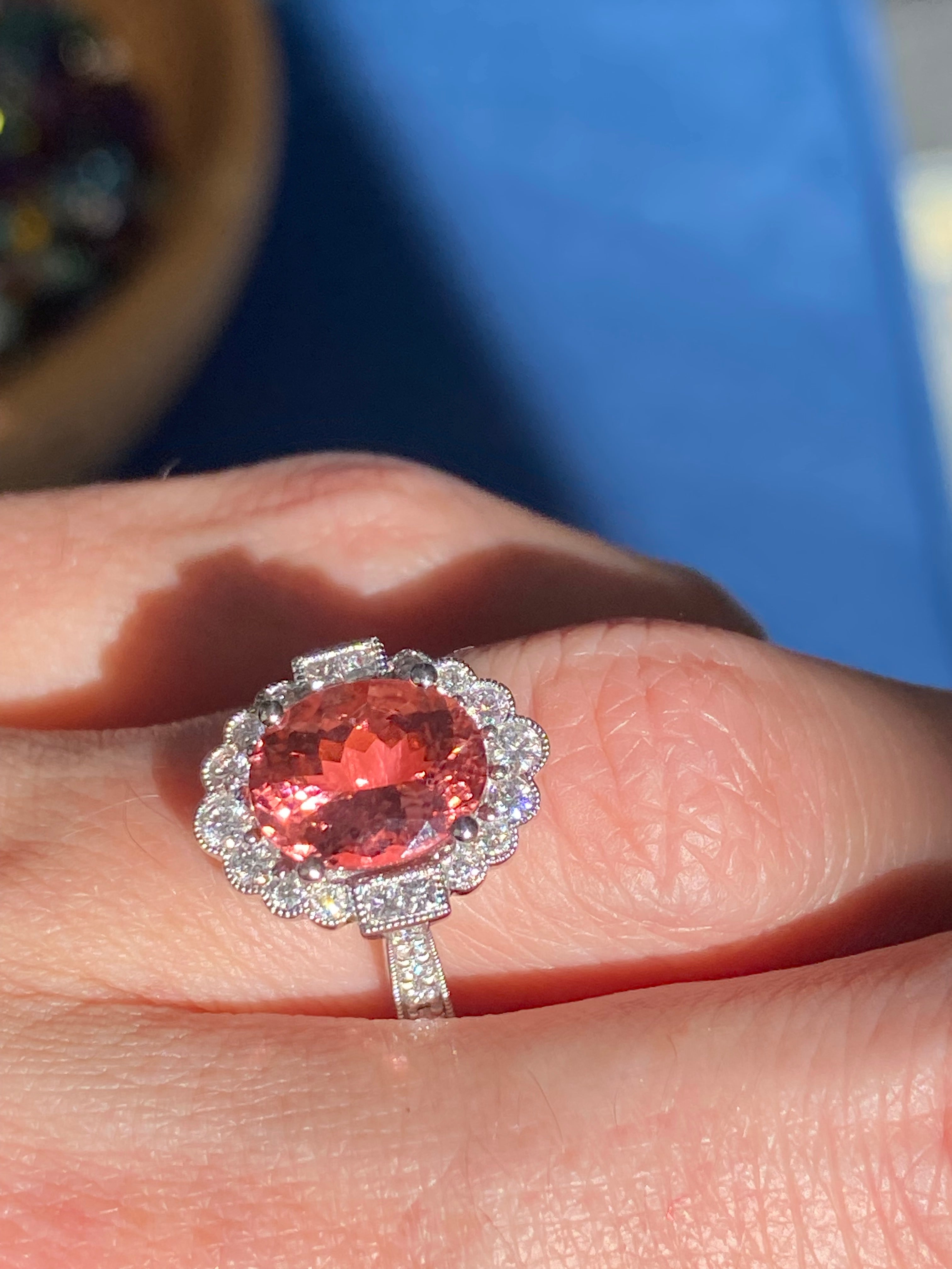 3.69 CTW Rose Tourmaline and Natural Diamond Halo Ring in Platinum