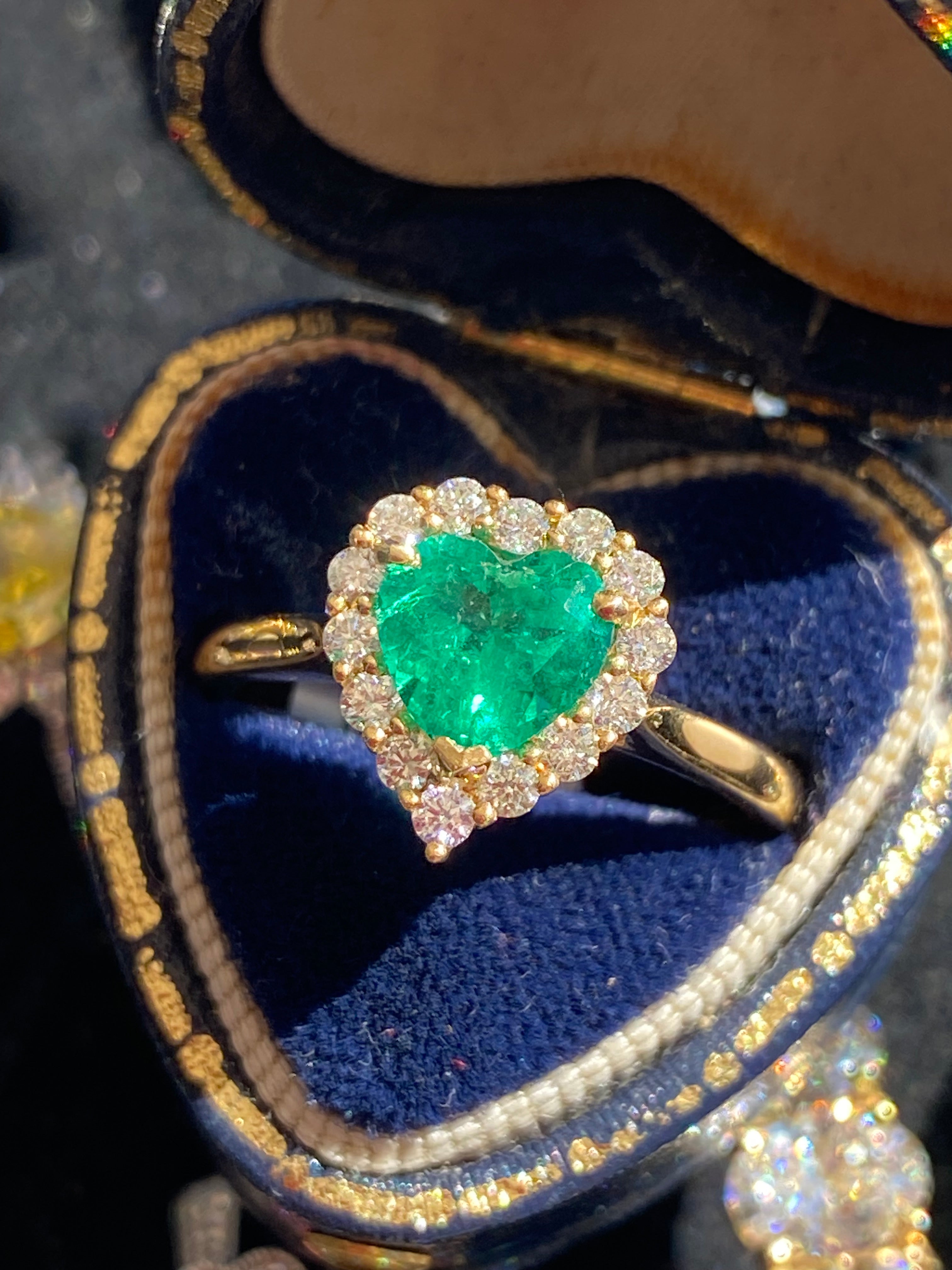 1.16 CTW Heart Shape Emerald and Natural Diamond Halo Ring in 18ct Yellow Gold