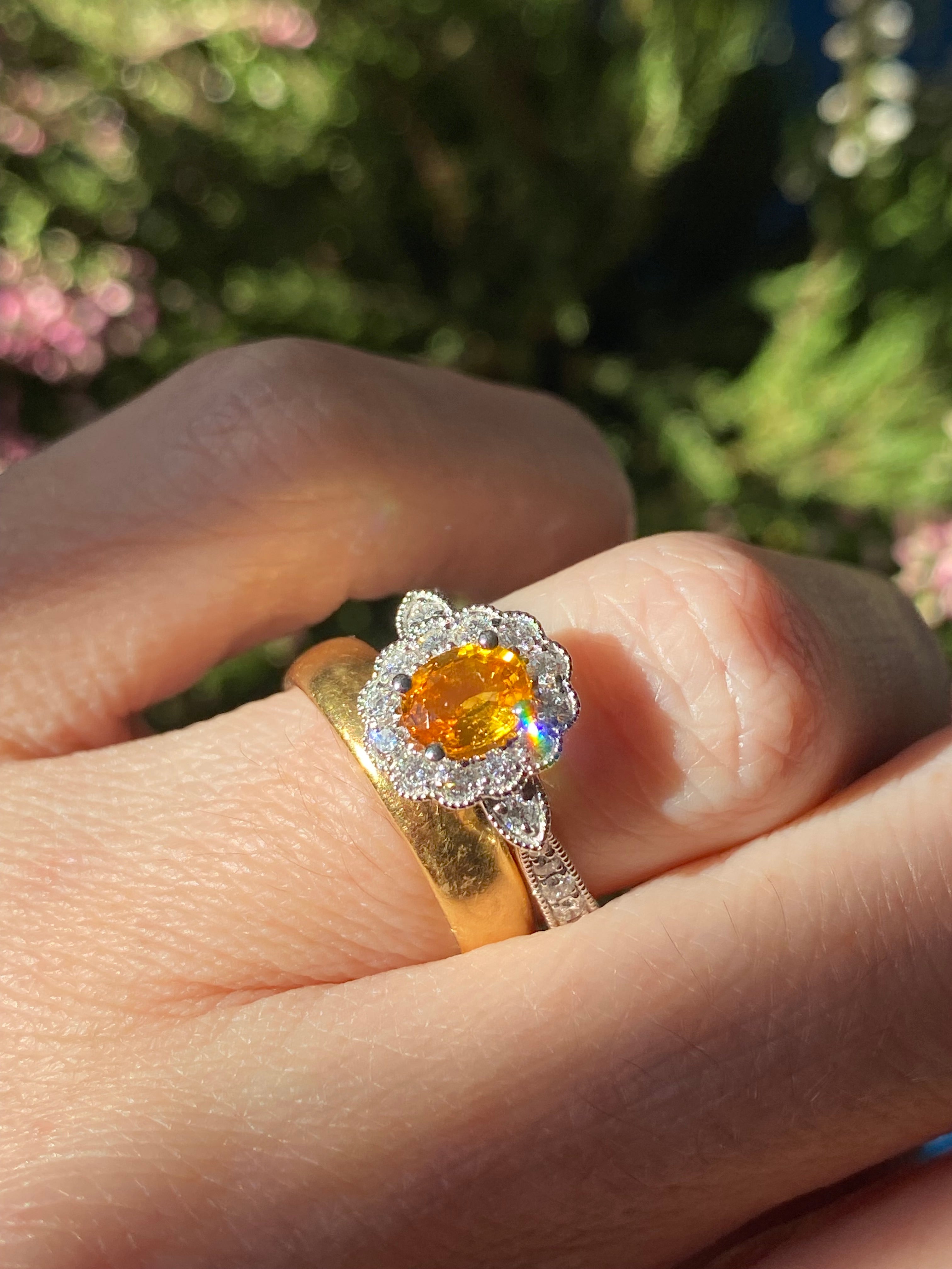 1.20ctw Orangey Yellow Sapphire and Natural Diamond Halo Ring in Platinum