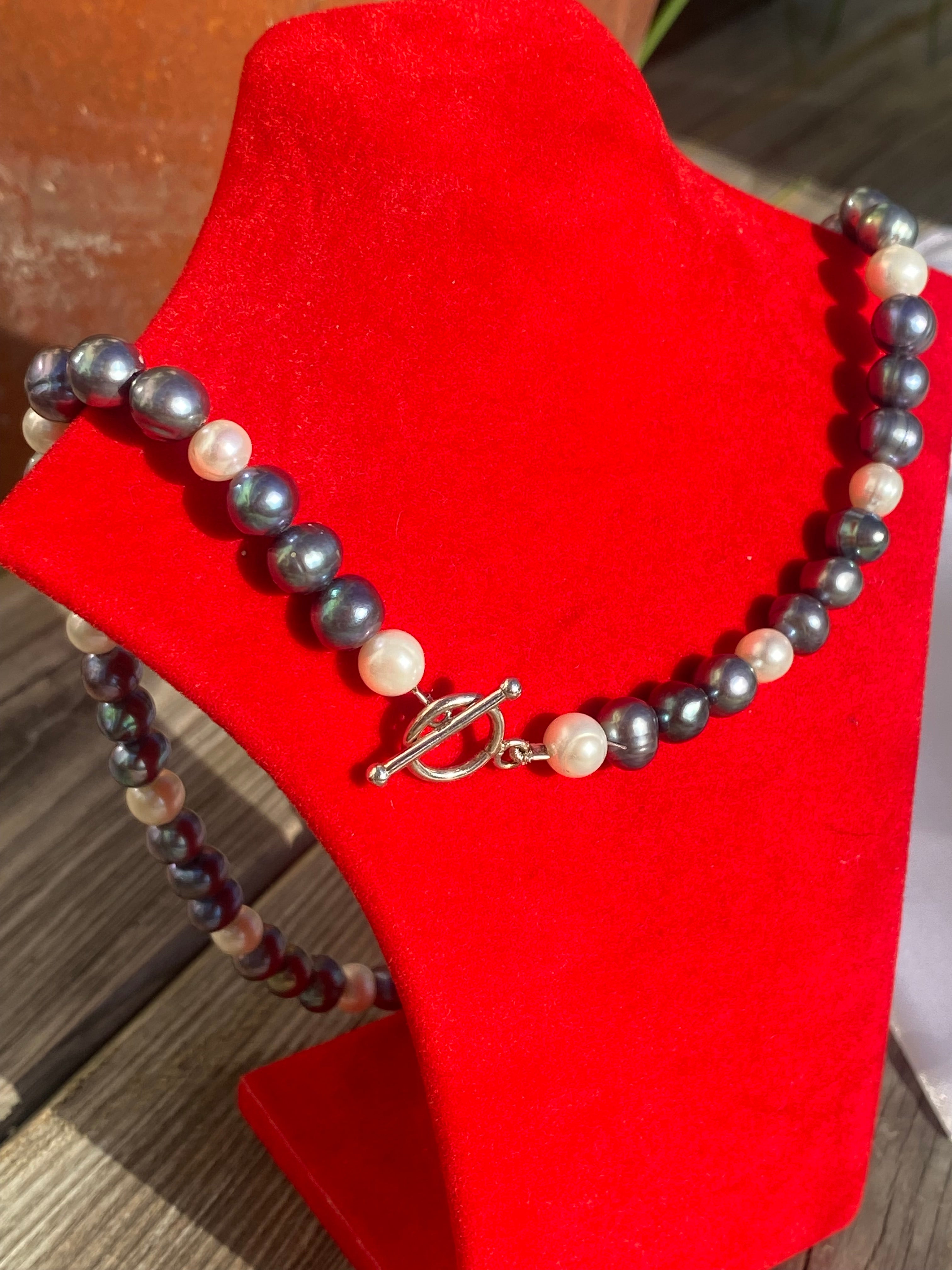 Vintage Black and White Freshwater Pearl Necklace with Sterling Silver Clasp
