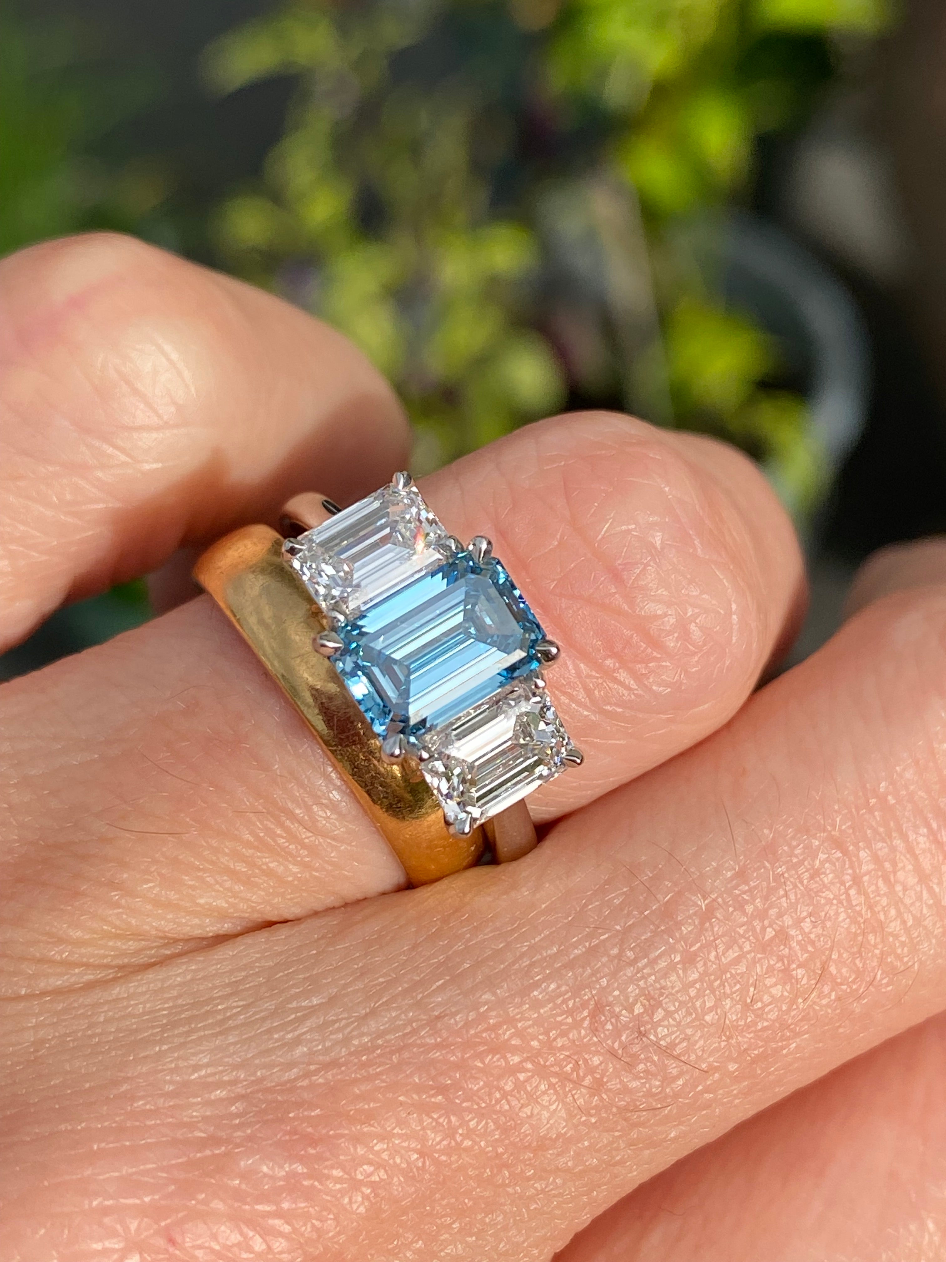 3.15 CTW Fancy Blue Lab Grown Diamond Graduated Three Stone Ring in Platinum