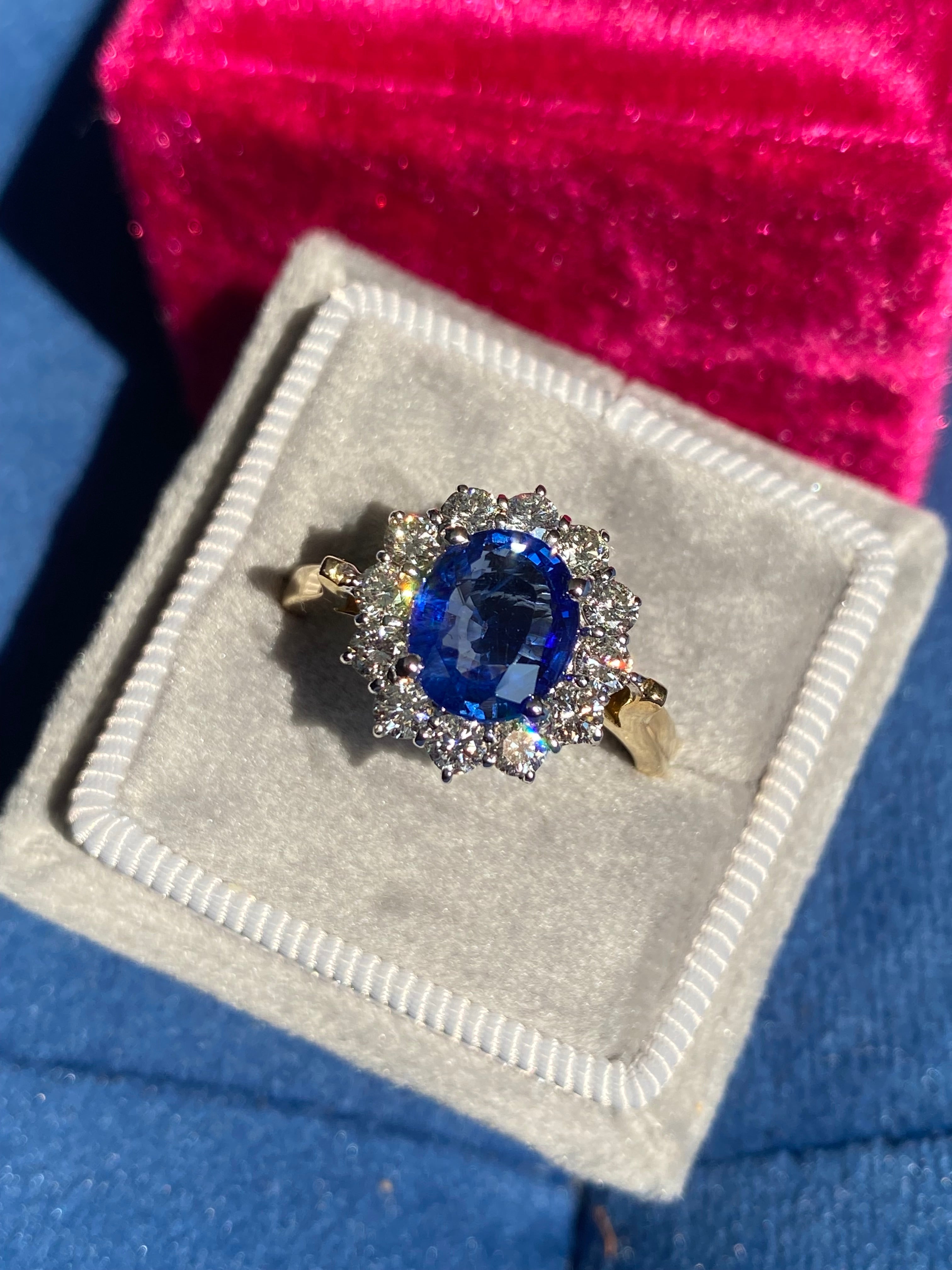 3.31 CTW Ceylon Sapphire and Natural Diamond Halo Ring in 18ct Gold