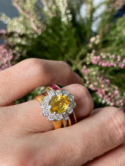 2.45 Carat Yellow Sapphire and Natural Diamond Halo Ring in Platinum