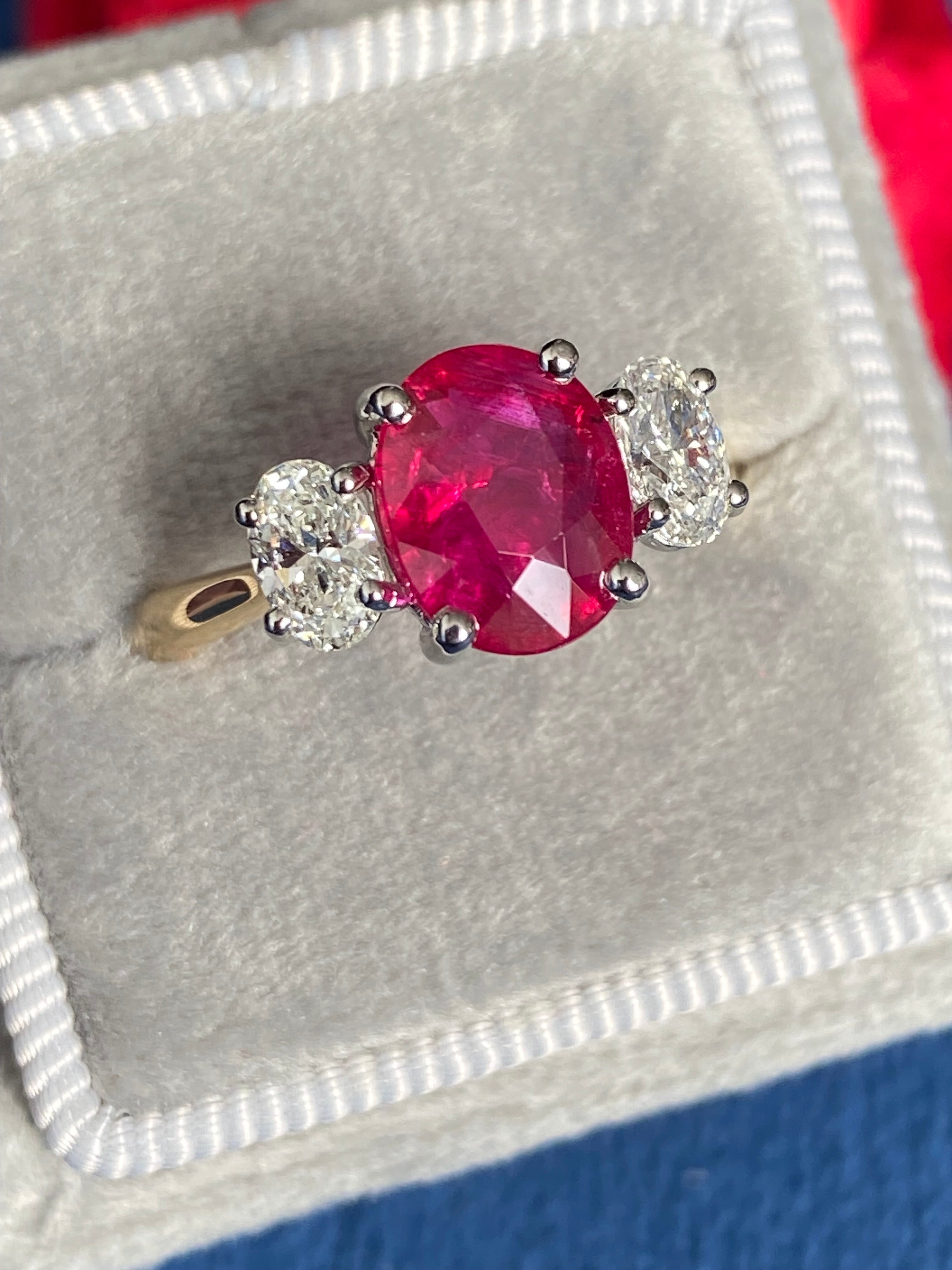 2.03 Carat Ruby and Natural Diamond Three Stone Ring in Platinum and 18ct Yellow Gold