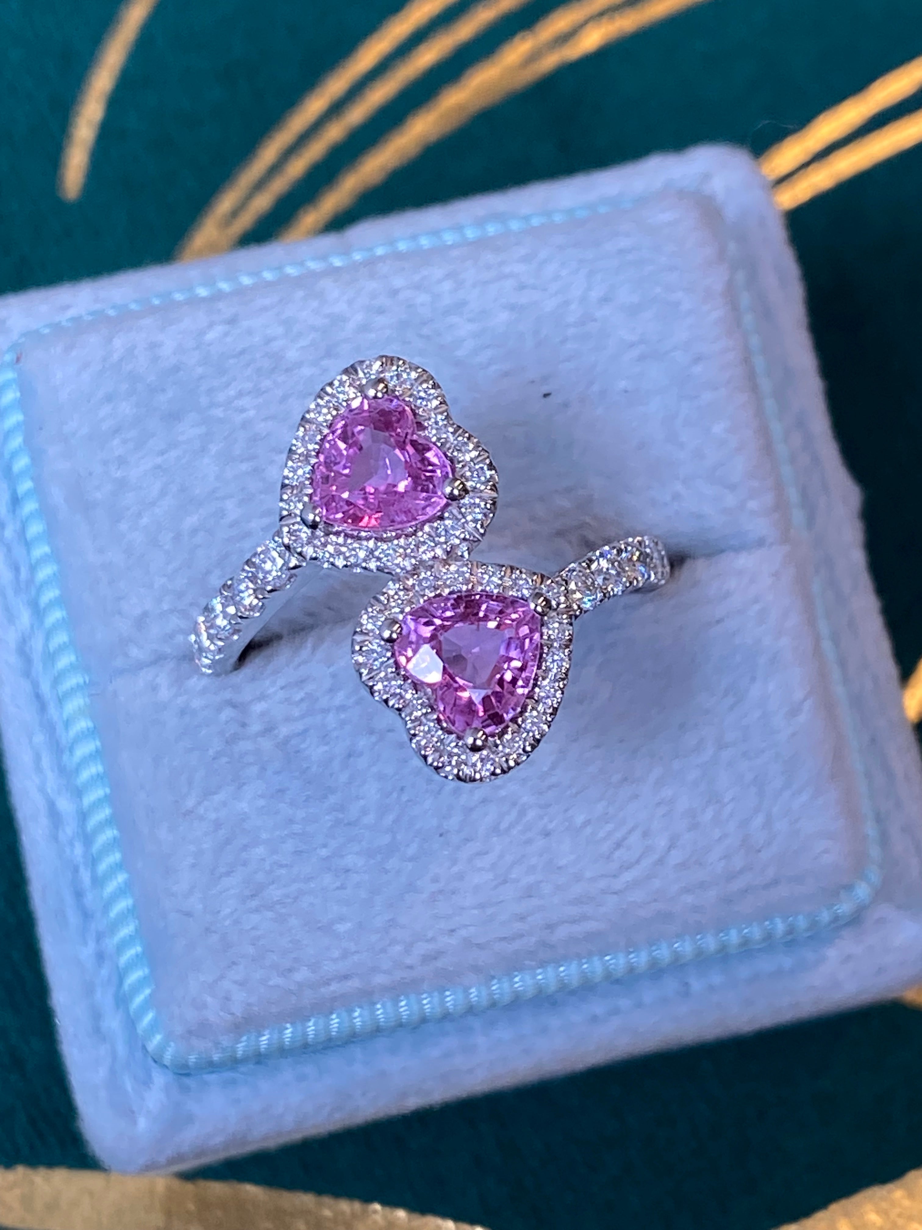 1.92 CTW Heart Shape Pink Sapphire and Natural Diamond Toi et Moi Ring in Platinum