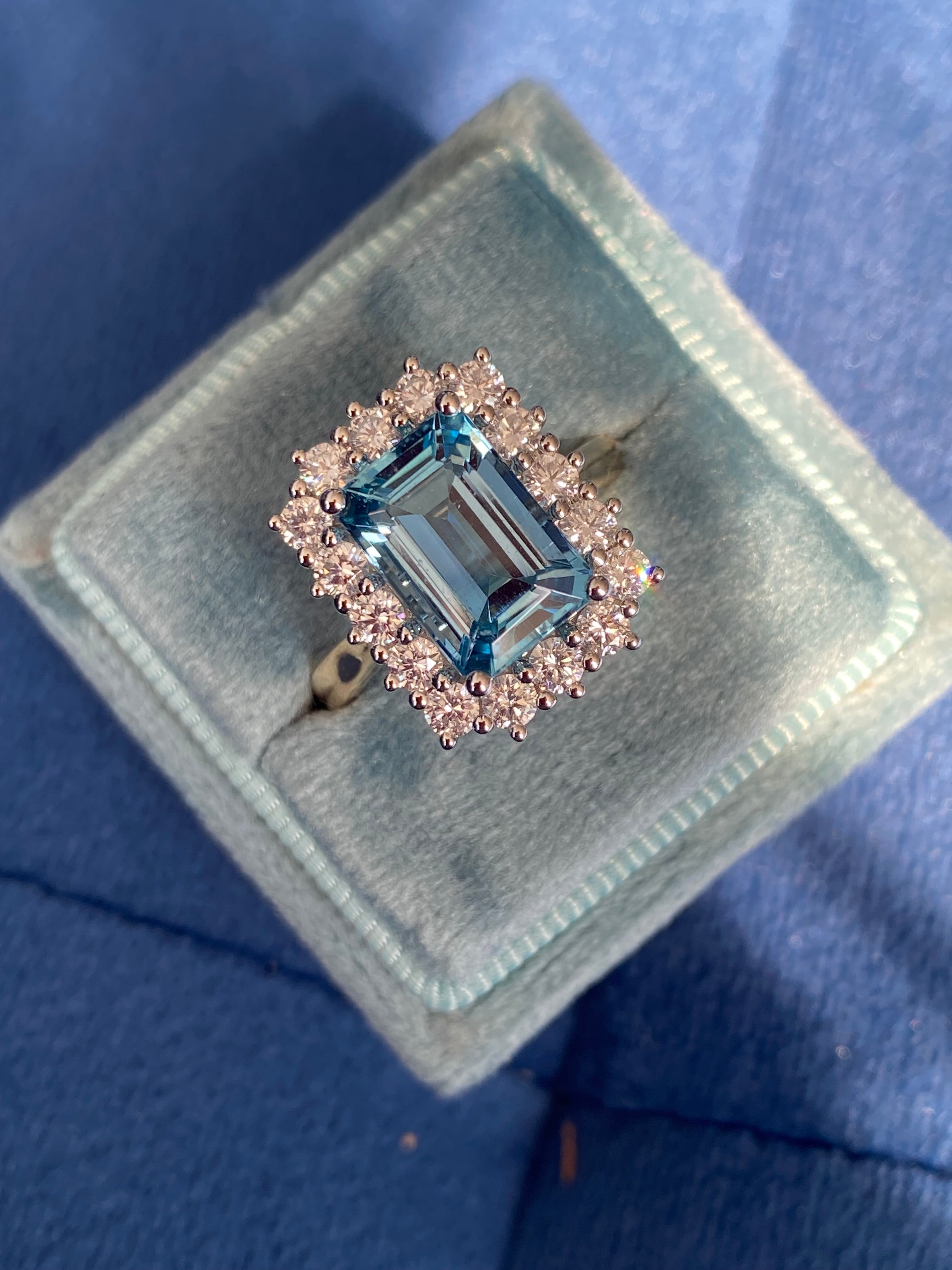 3.05 Carat Aquamarine and 0.89ctw Natural Diamond Halo Ring in Platinum and 18ct Yellow Gold