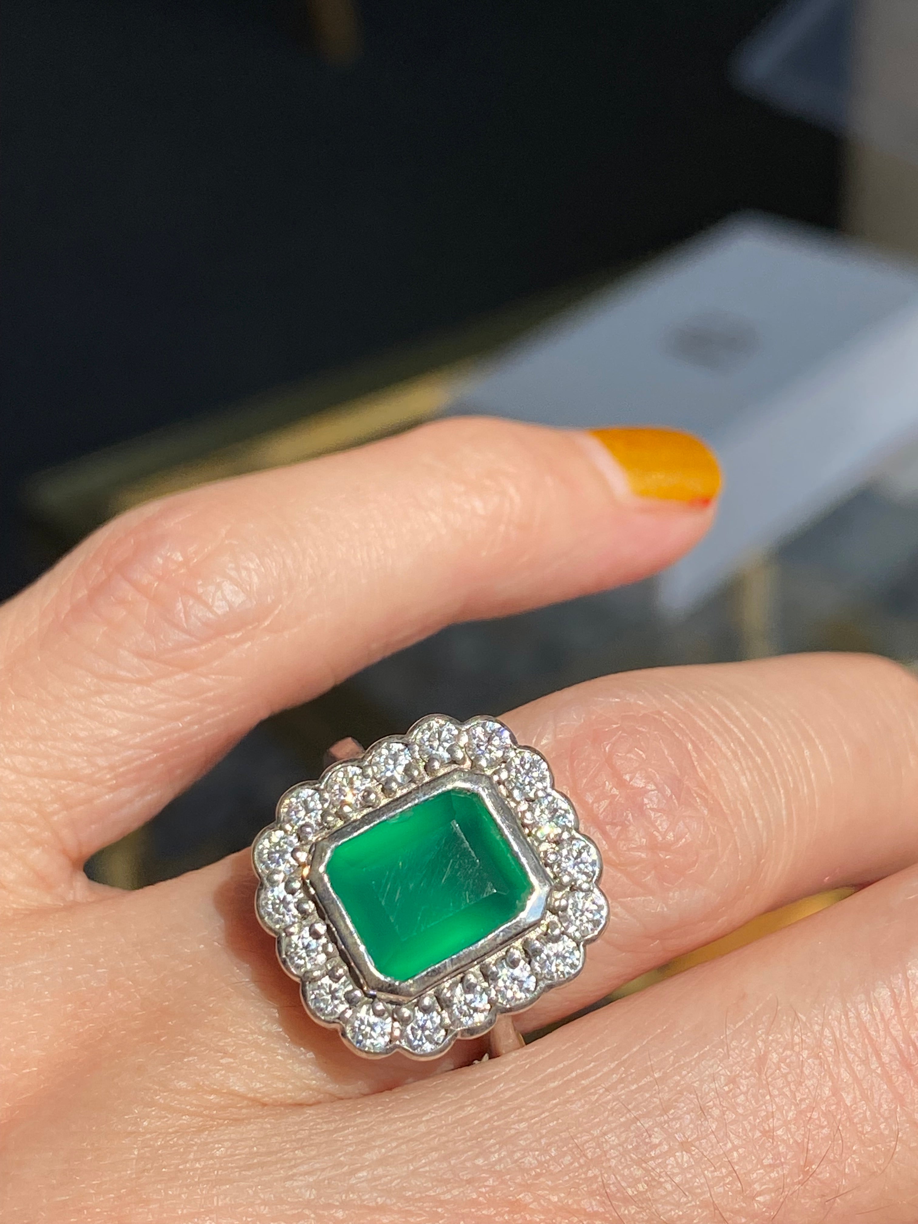4.25 CTW Emerald Cut Green Onyx and Moissanite Halo Cocktail Ring in Sterling Silver