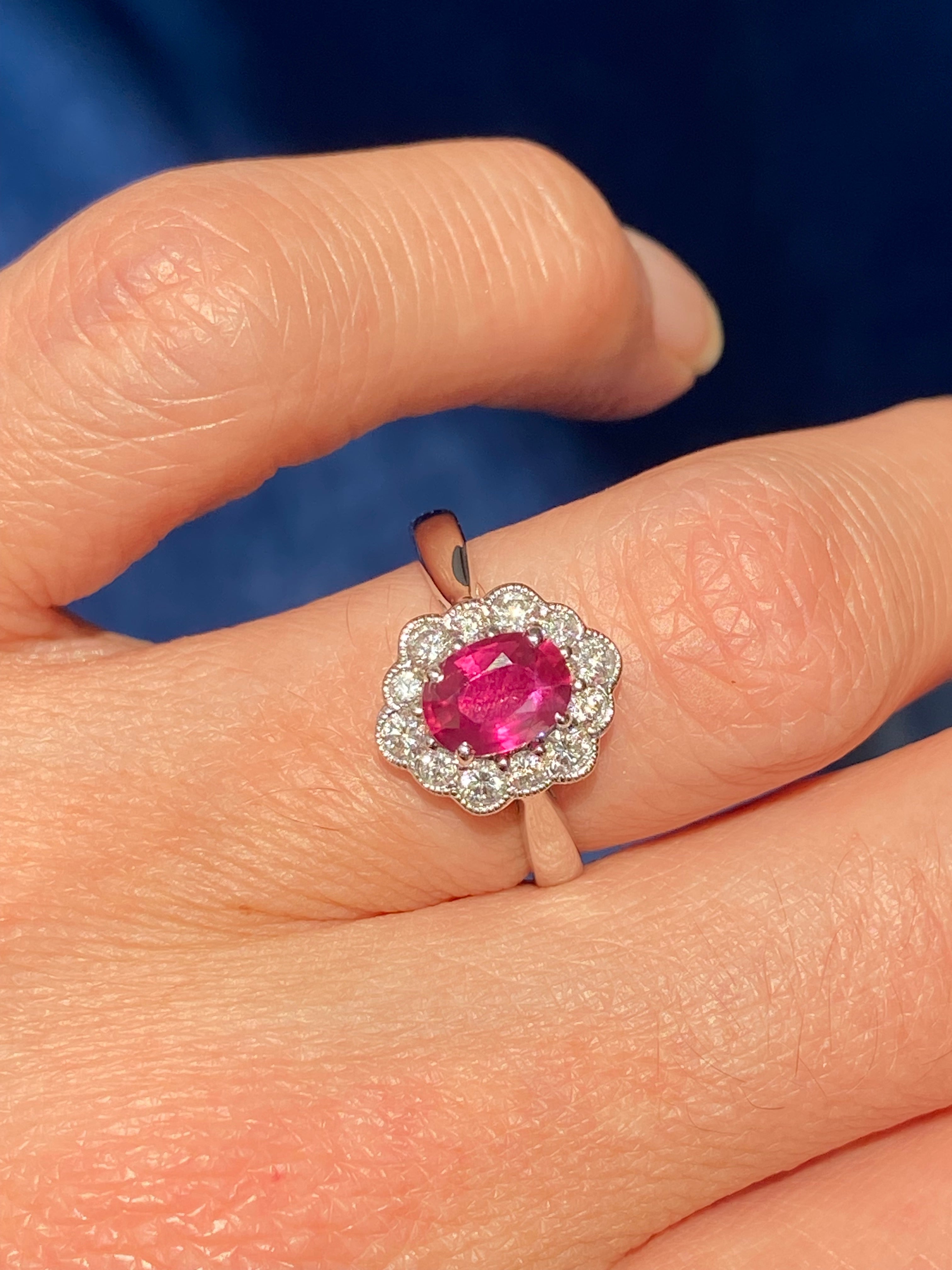 1.49 CTW Ruby and Natural Diamond Halo Ring in 18ct White Gold