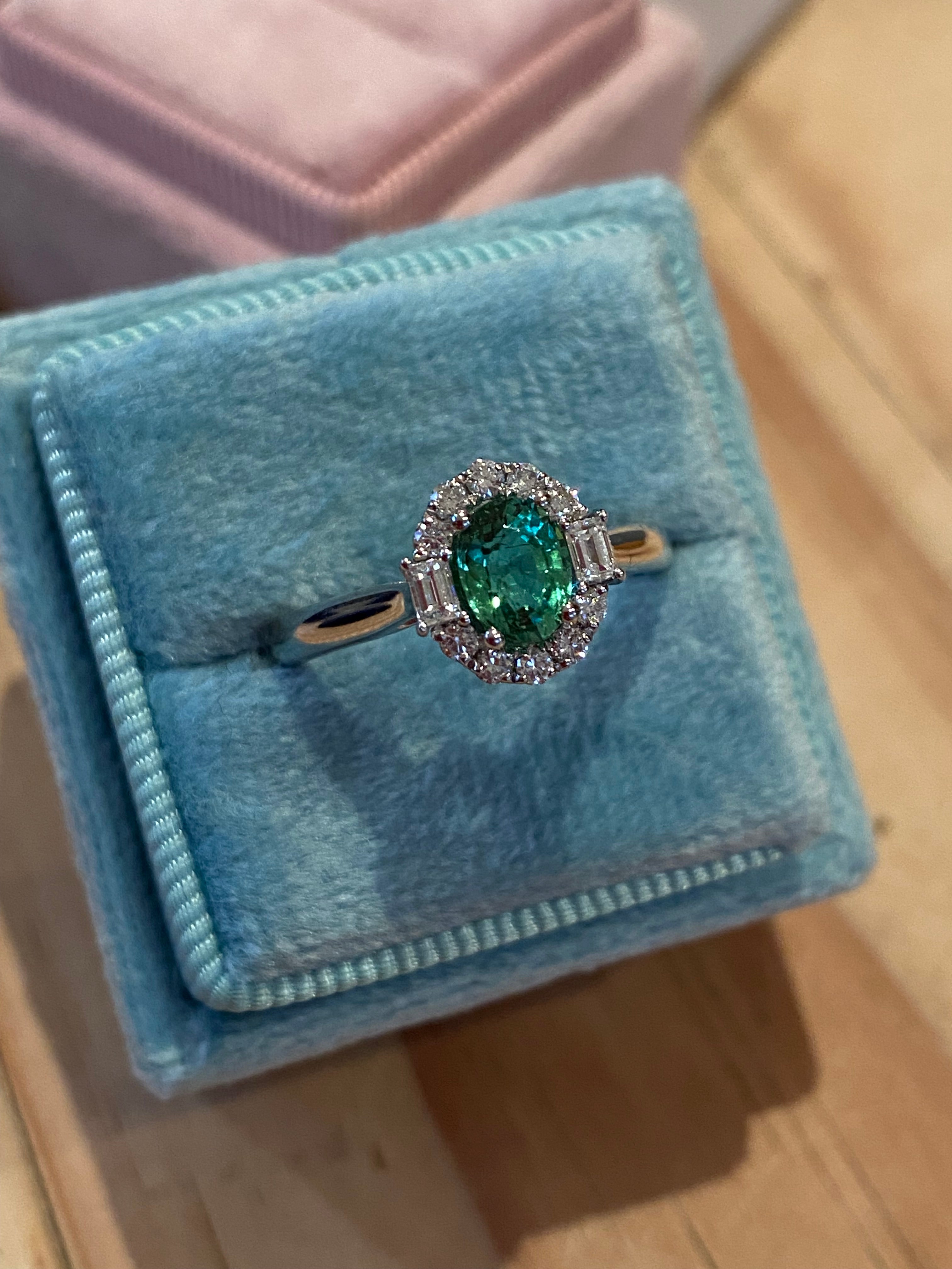 0.94 CTW Oval Cut Green Tourmaline and Natural Diamond Halo Ring in Platinum