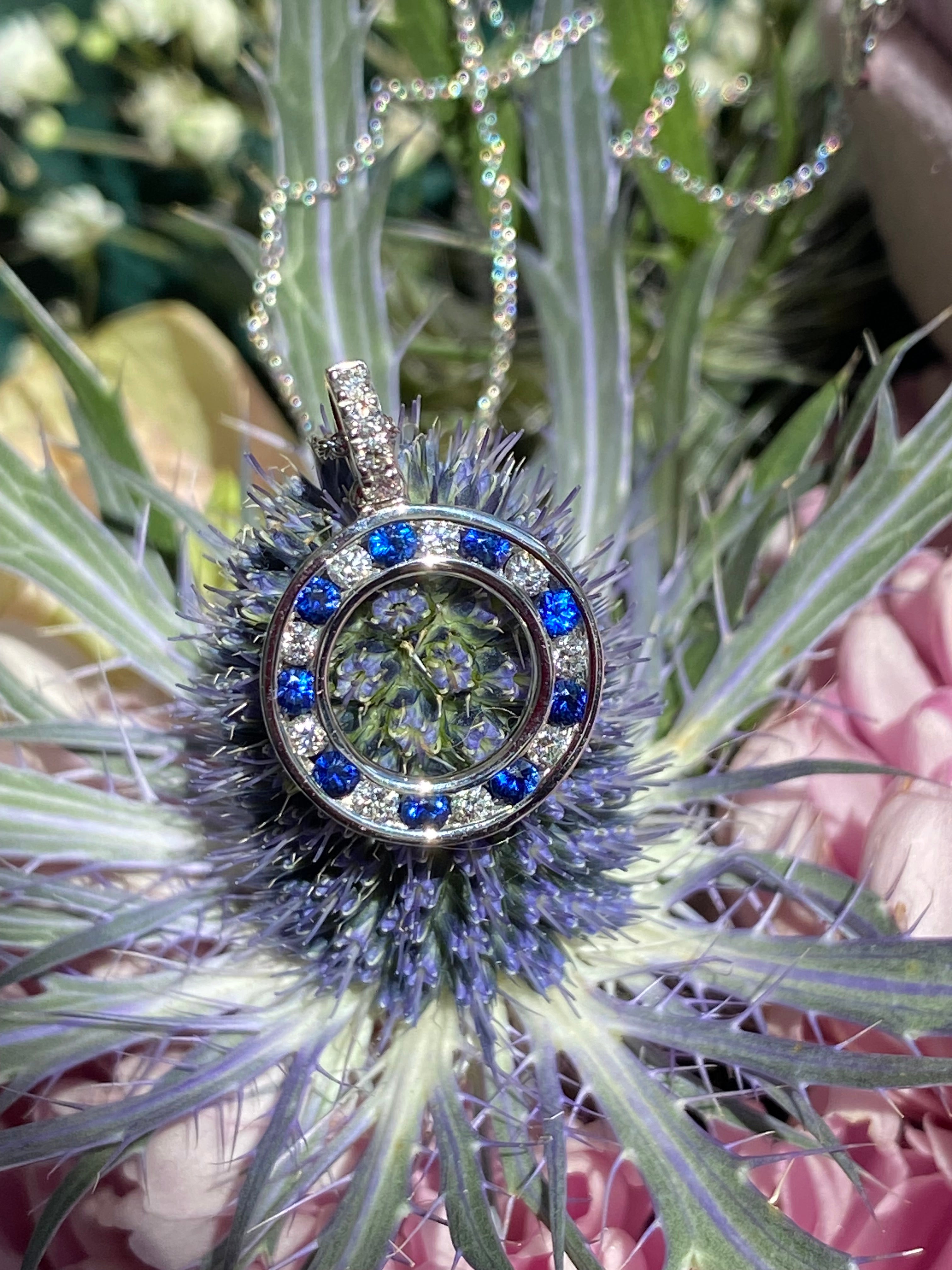 Beautiful Sapphire and Natural Diamond Pendant Necklace in 18ct White Gold