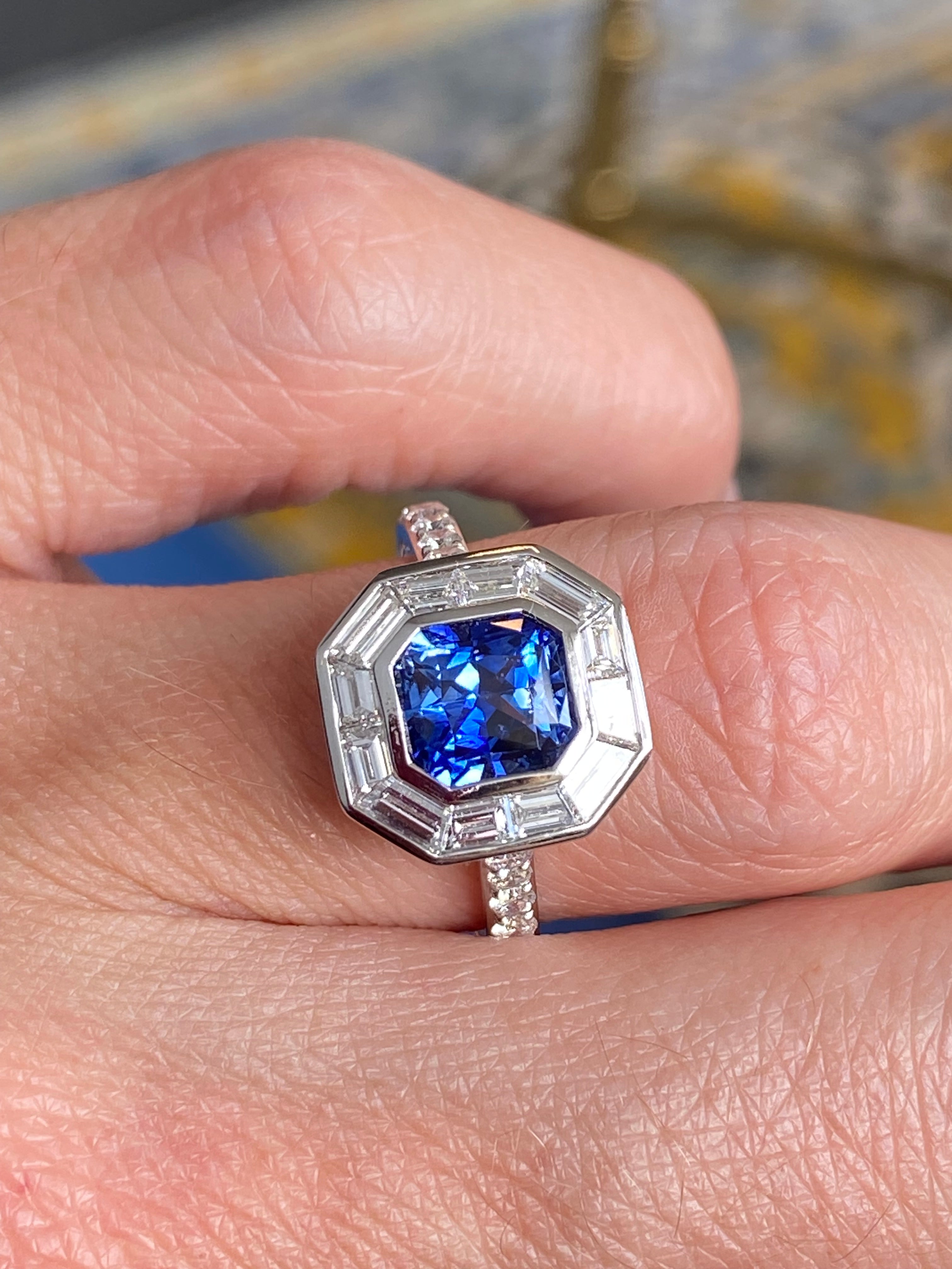 2.10 Carat Blue Ceylon Sapphire and 1.09 CTW Natural Diamond Halo Ring in Platinum