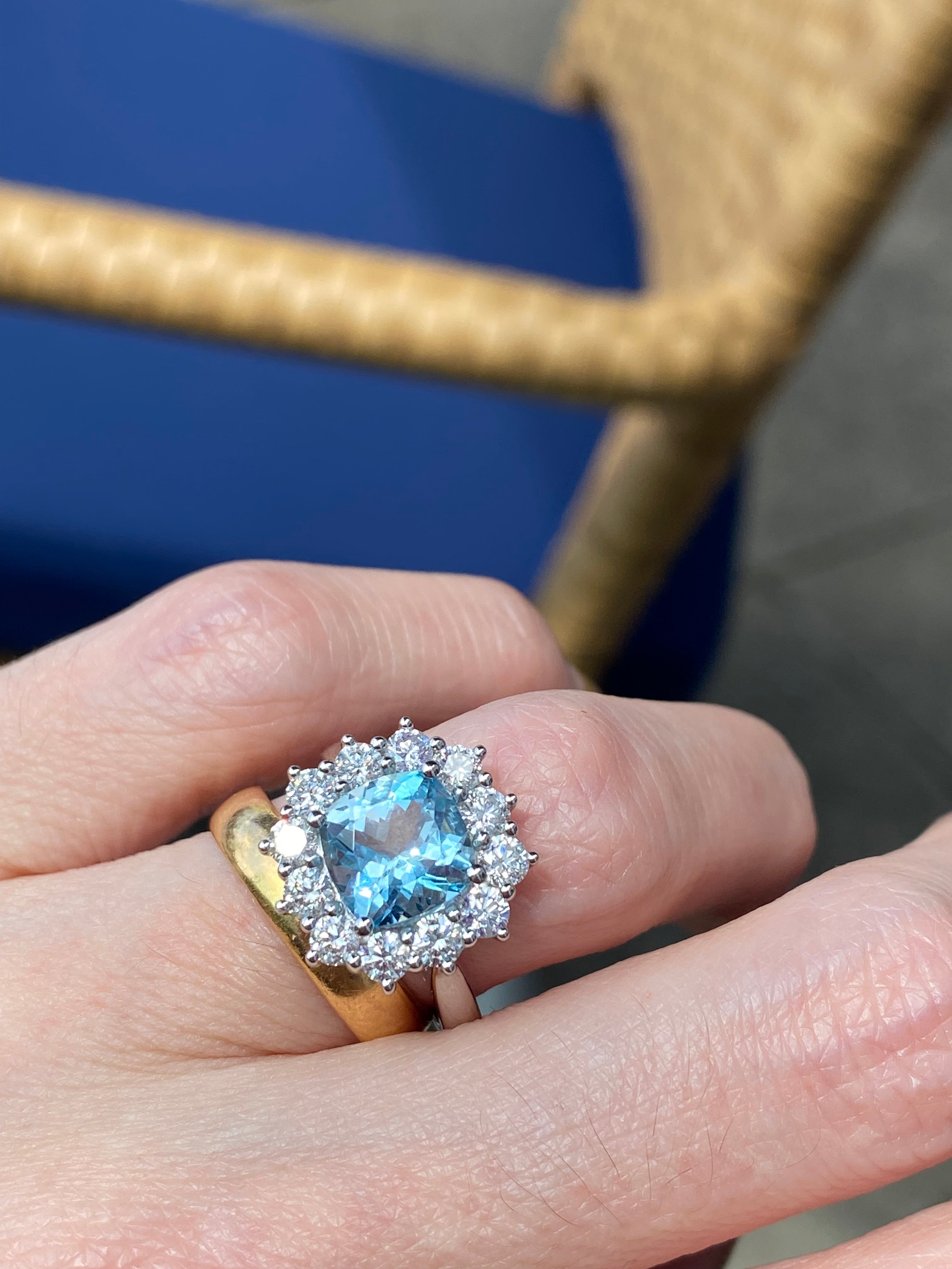 2.33 CTW Cushion Cut Aquamarine and Diamond Engagement Ring in Platinum