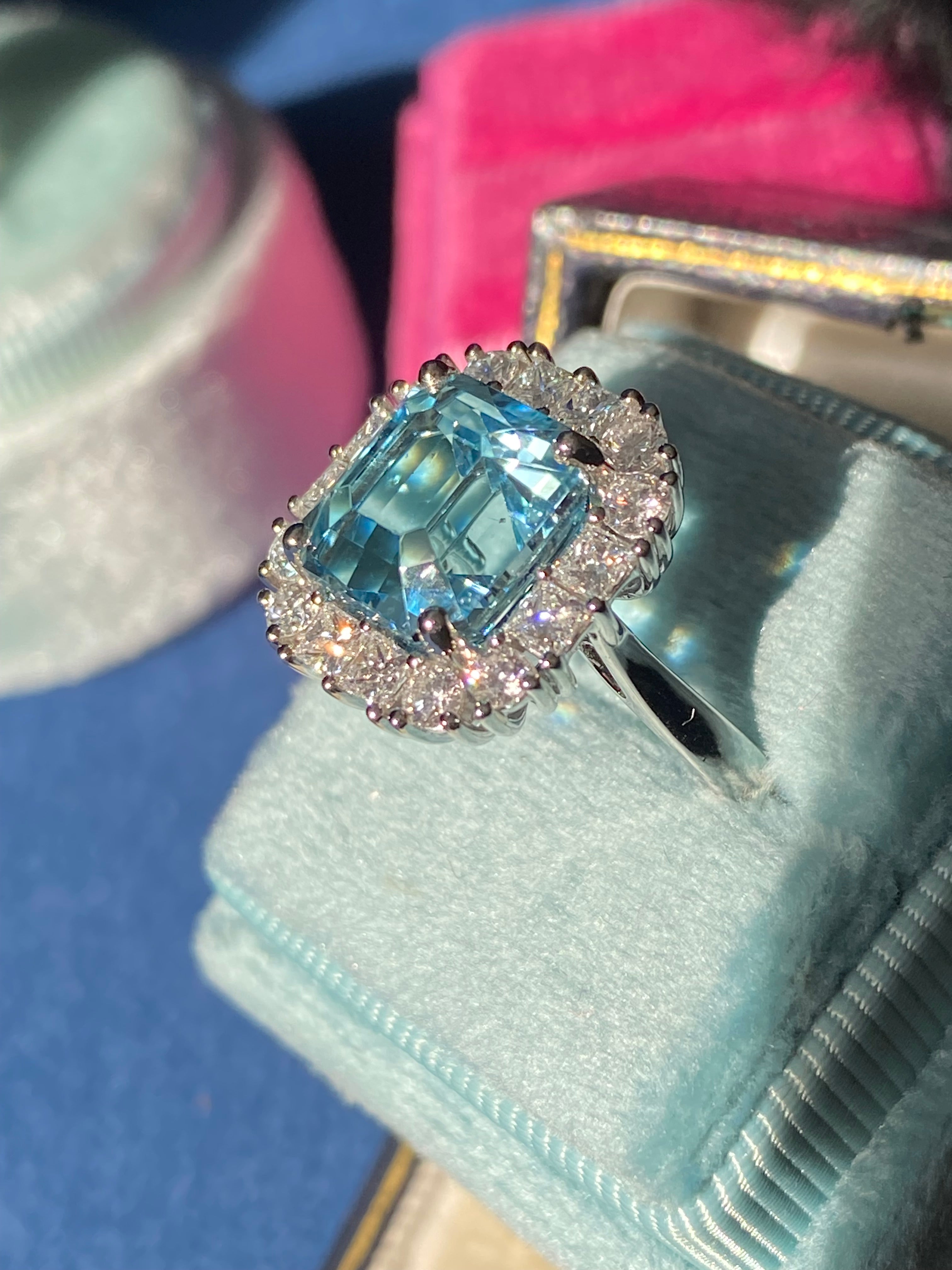 6.11 CTW Emerald Cut Aquamarine and Natural Diamond Halo Engagement Ring in Platinum