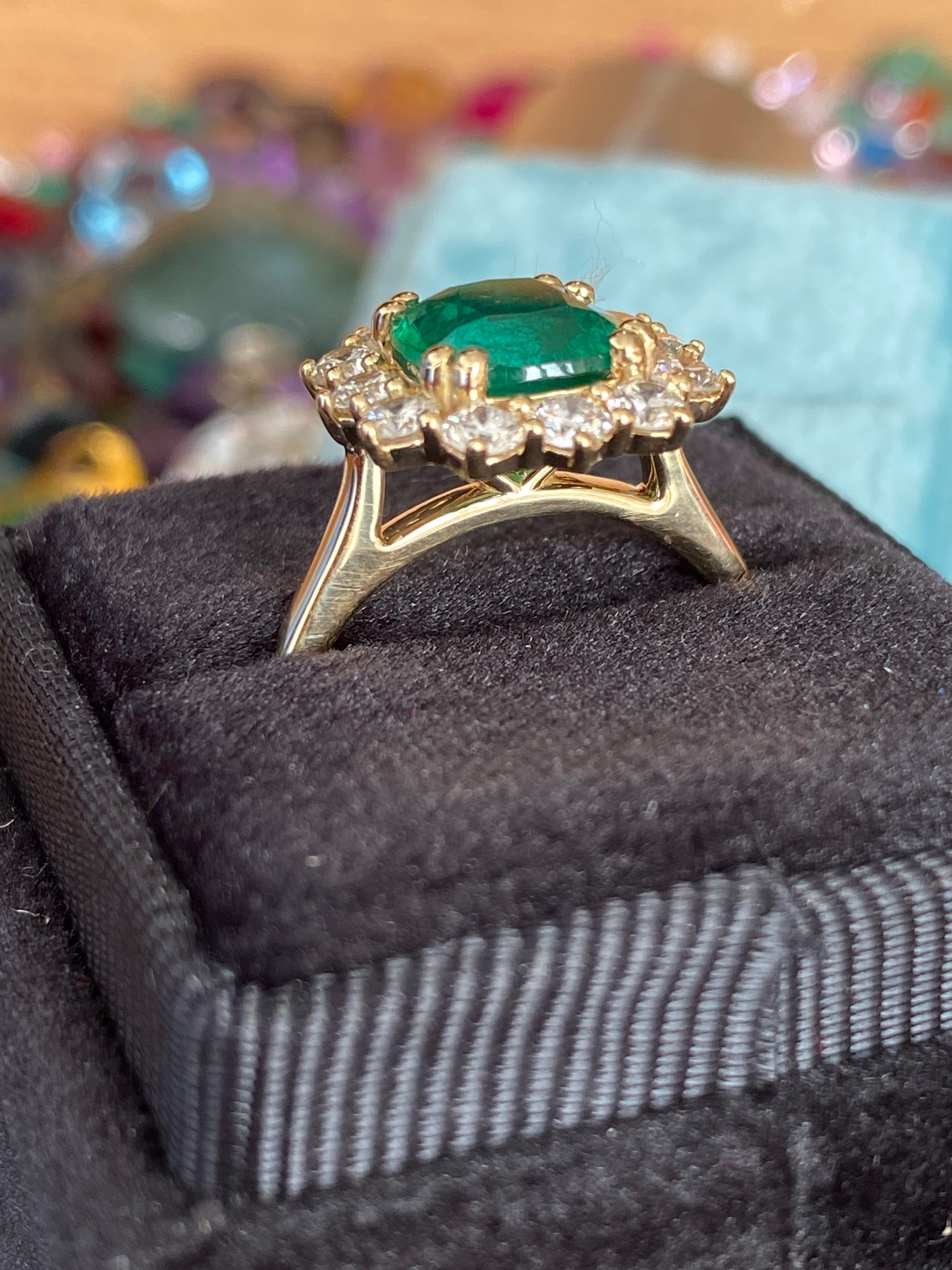 Masterpiece Cushion Cut Emerald and Natural Diamond Halo Ring in 18ct Yellow Gold