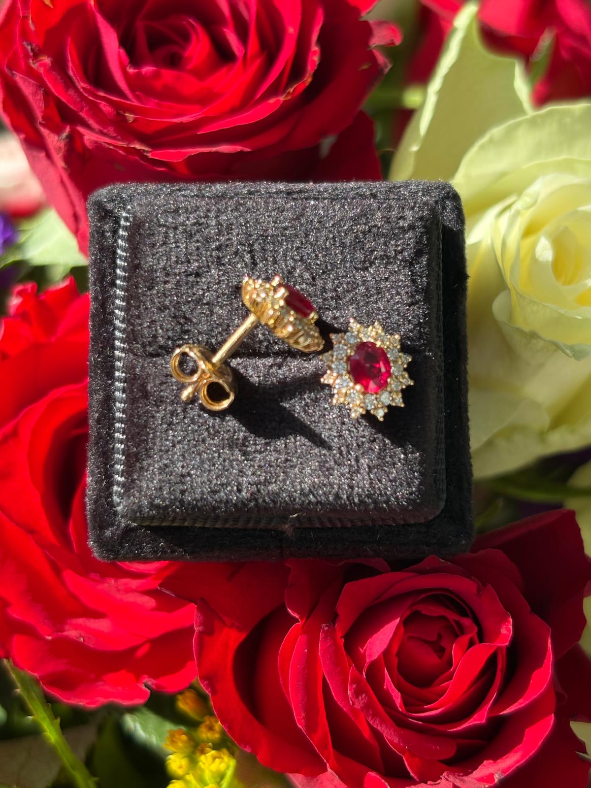 1.09 CTW Oval Cut Certified Ruby and Natural Diamond Halo Stud Earrings in 18ct Yellow Gold