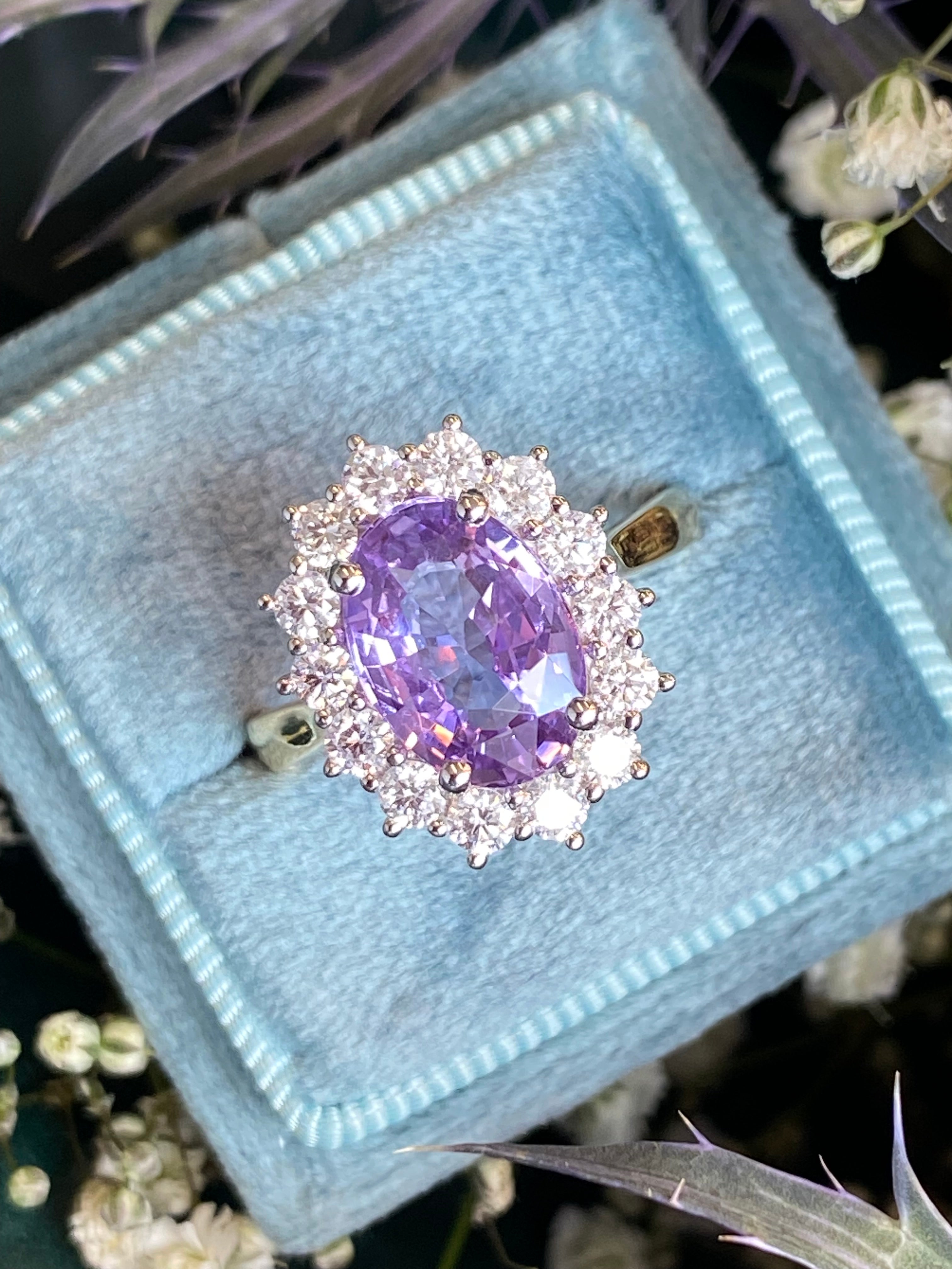 3.52 Carat No Heat Purple Sapphire and Natural Diamond Halo Ring in Platinum and 18ct Yellow Gold