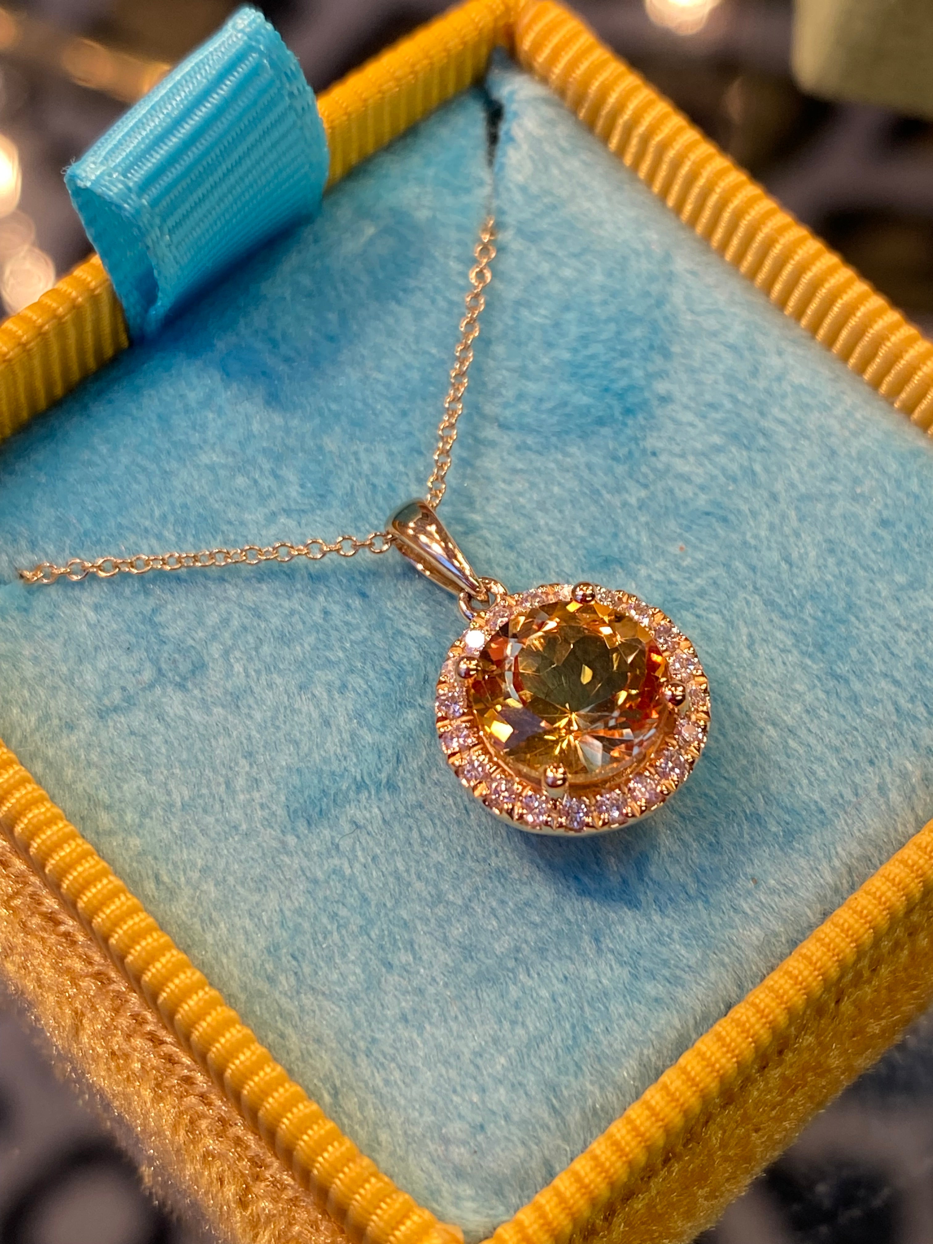 Round Cut Citrine and Natural Diamond Pendant Necklace in 9ct Yellow Gold
