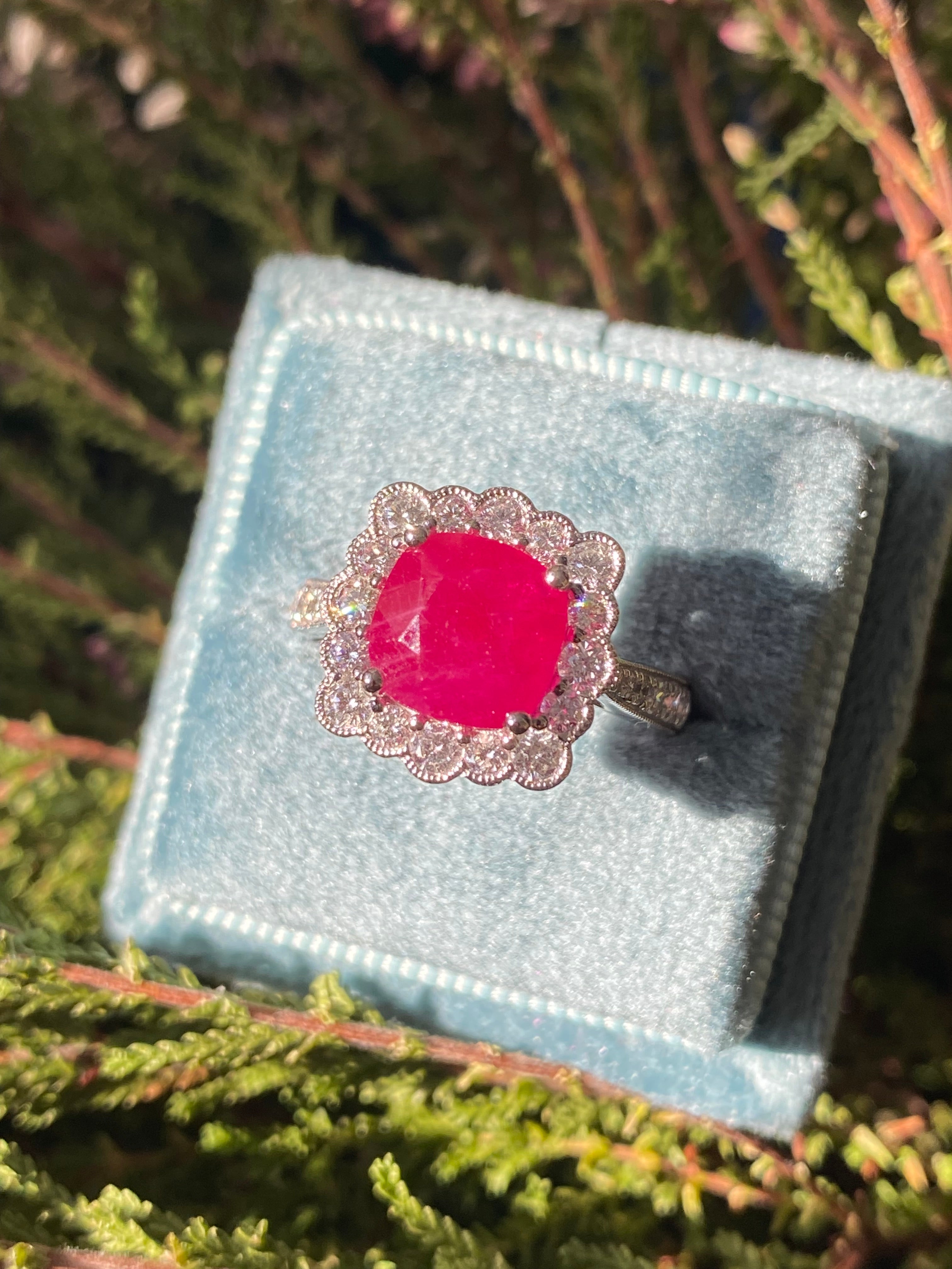 3.29 Carat Cushion-Cut Ruby and 0.78 ctw Natural Diamond Halo Ring in Platinum