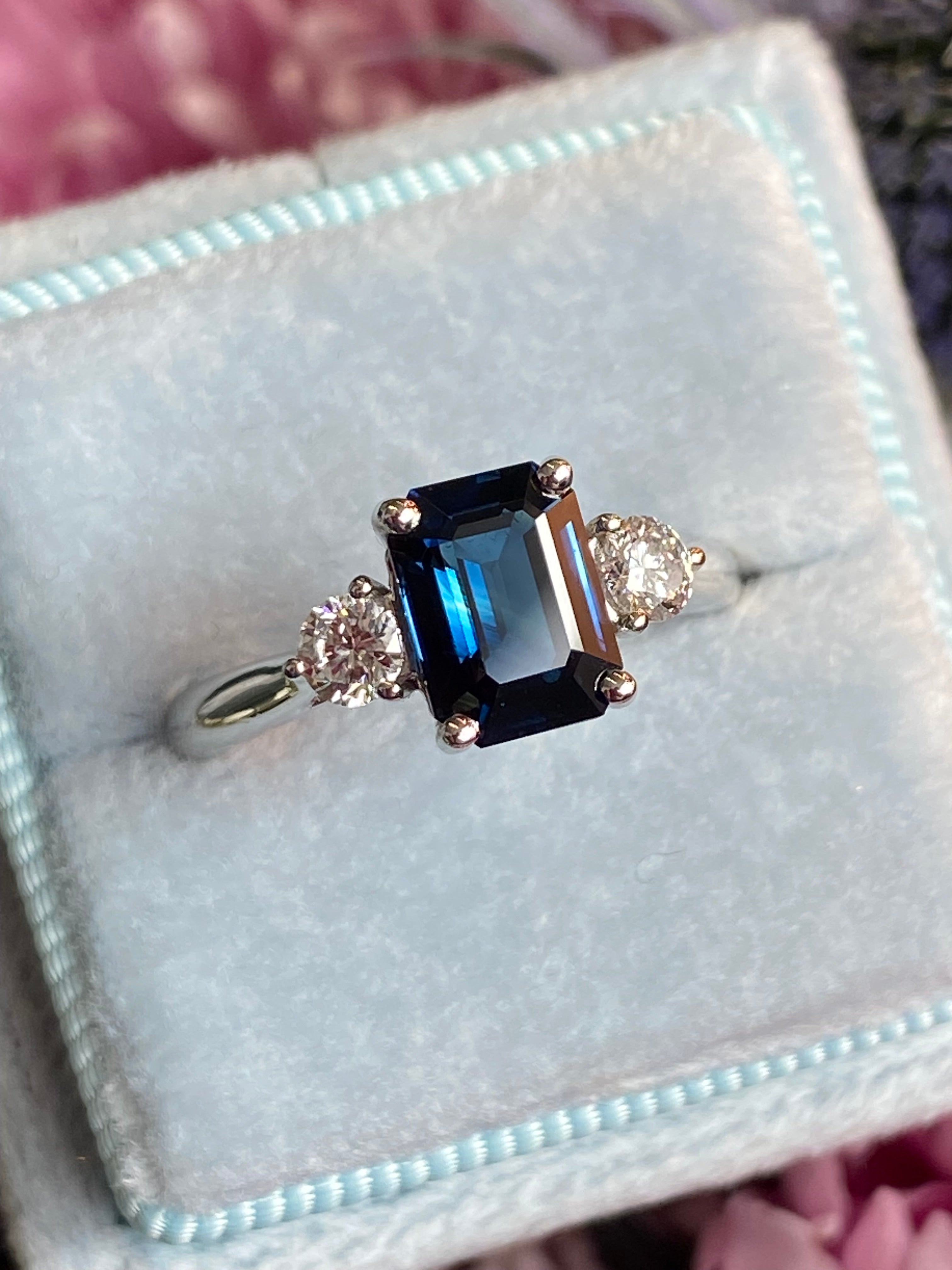2.04 Carat Teal Sapphire and 0.29 CTW Natural Diamond Three Stone Ring in Platinum