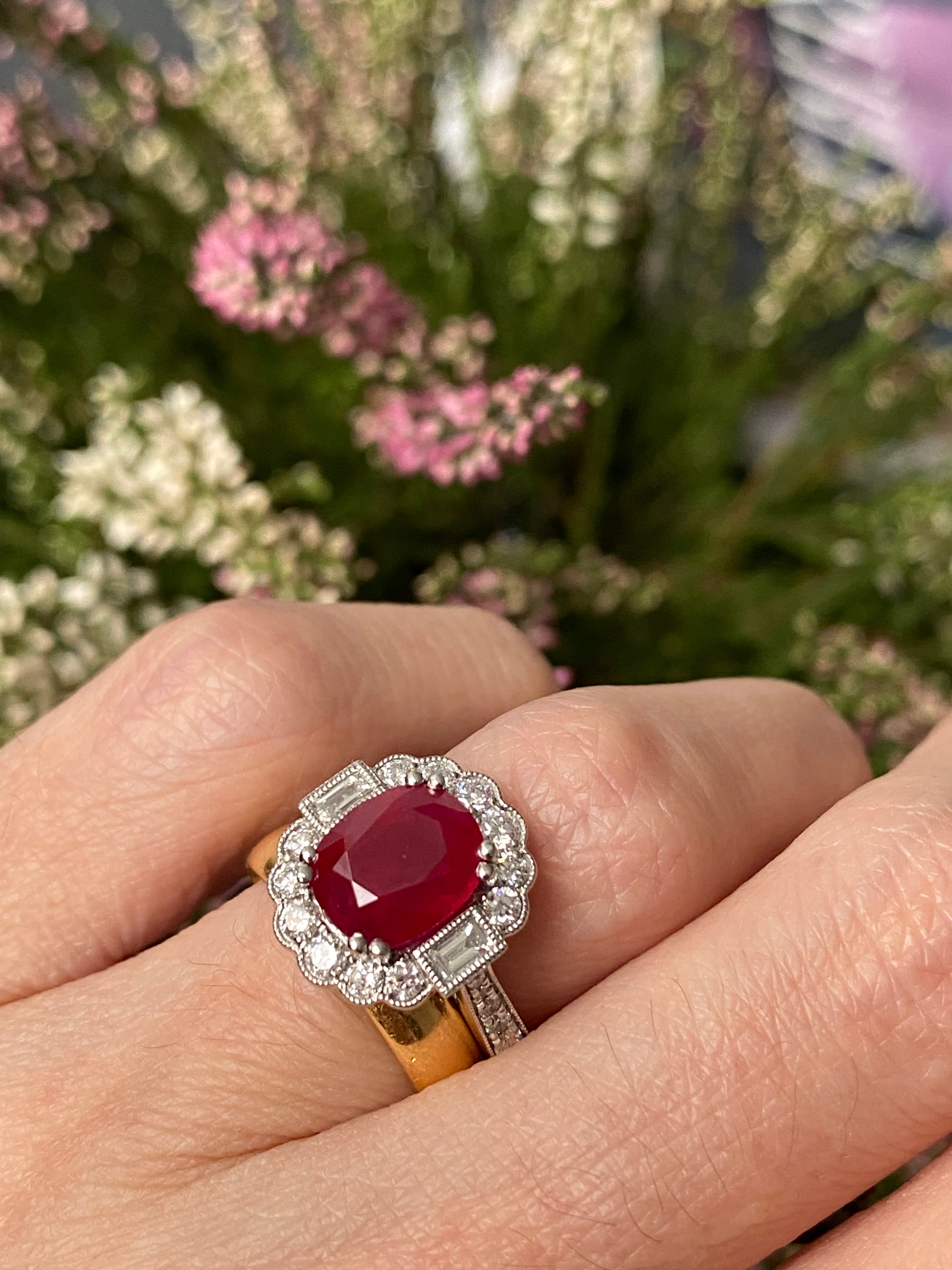 3.54 Carat Oval-Cut Ruby and 0.77 ctw Natural Diamond Halo Ring in Platinum