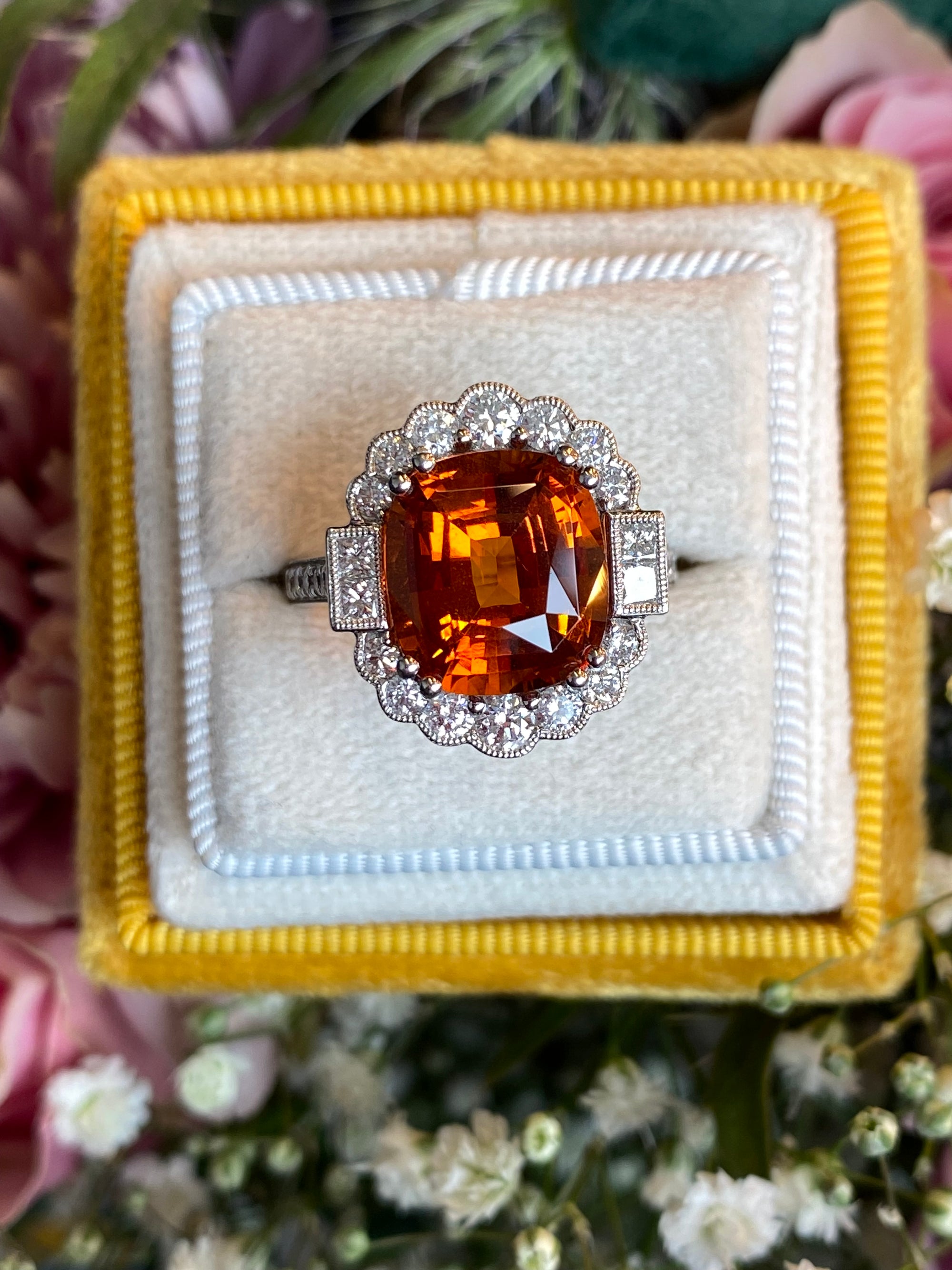 5.95 Carat Hessonite Garnet and 1.03ctw Natural Diamond Ring in Platinum