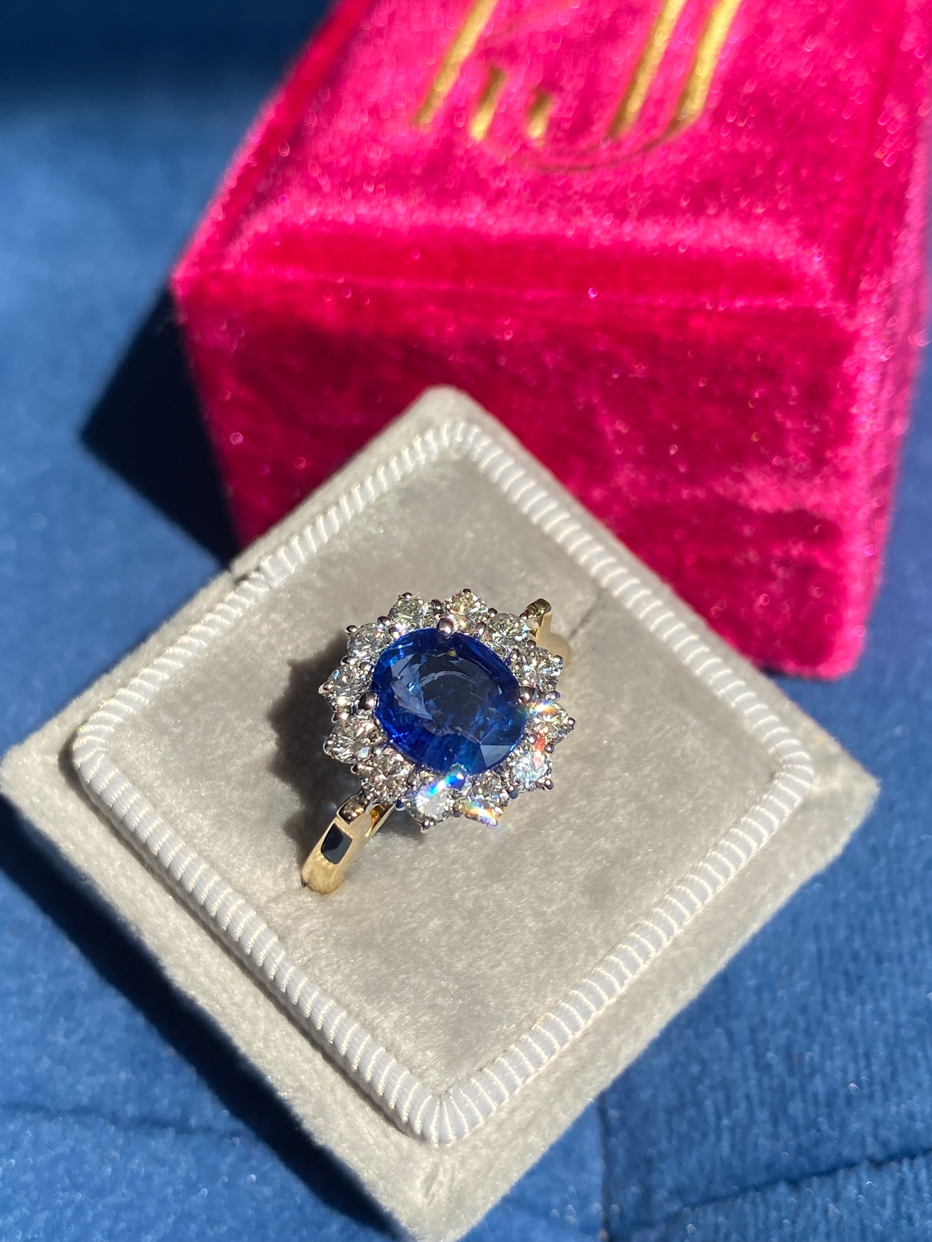 3.31 CTW Ceylon Sapphire and Natural Diamond Halo Ring in 18ct Gold