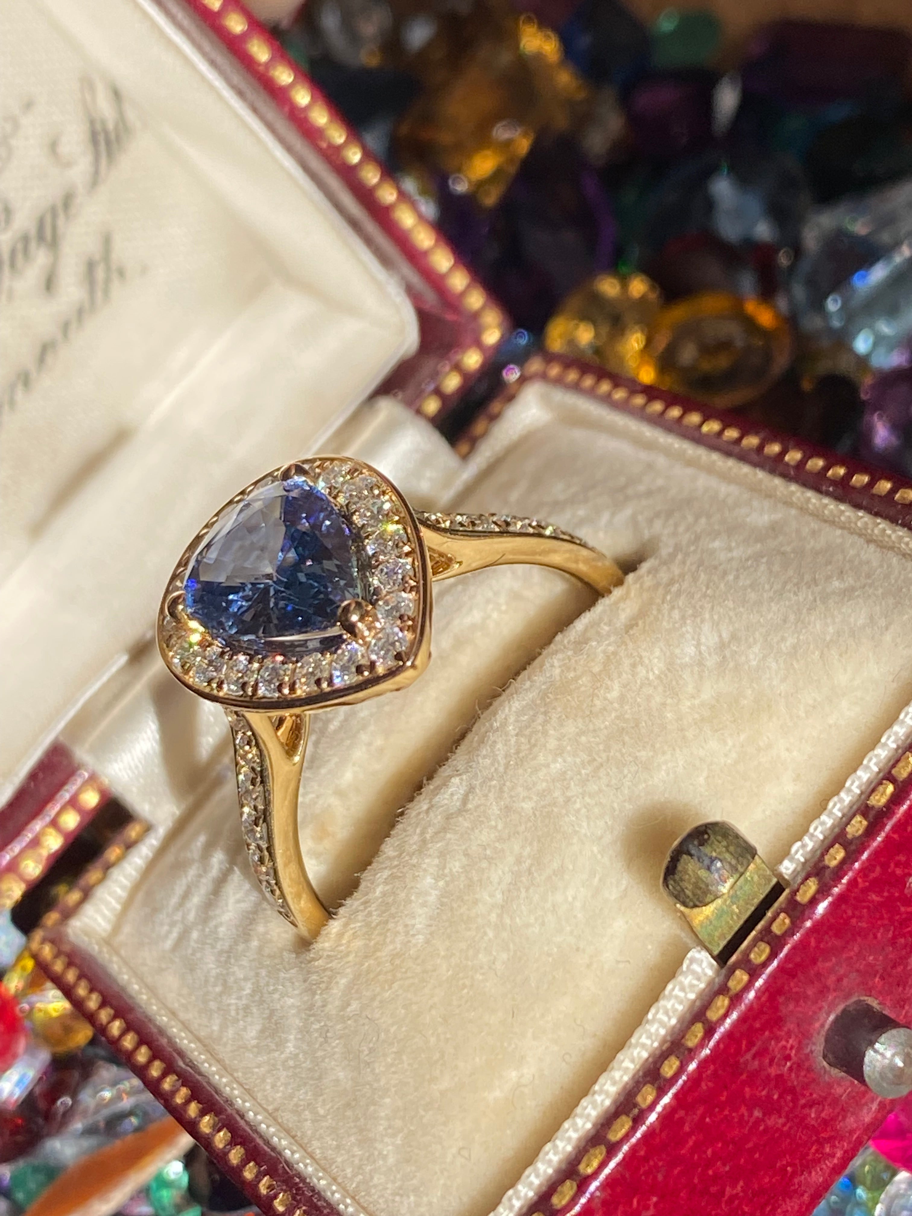 2.07 Carat Pear Cut Teal Sapphire and 0.48 CTW Natural Diamond Ring in 18ct Yellow Gold
