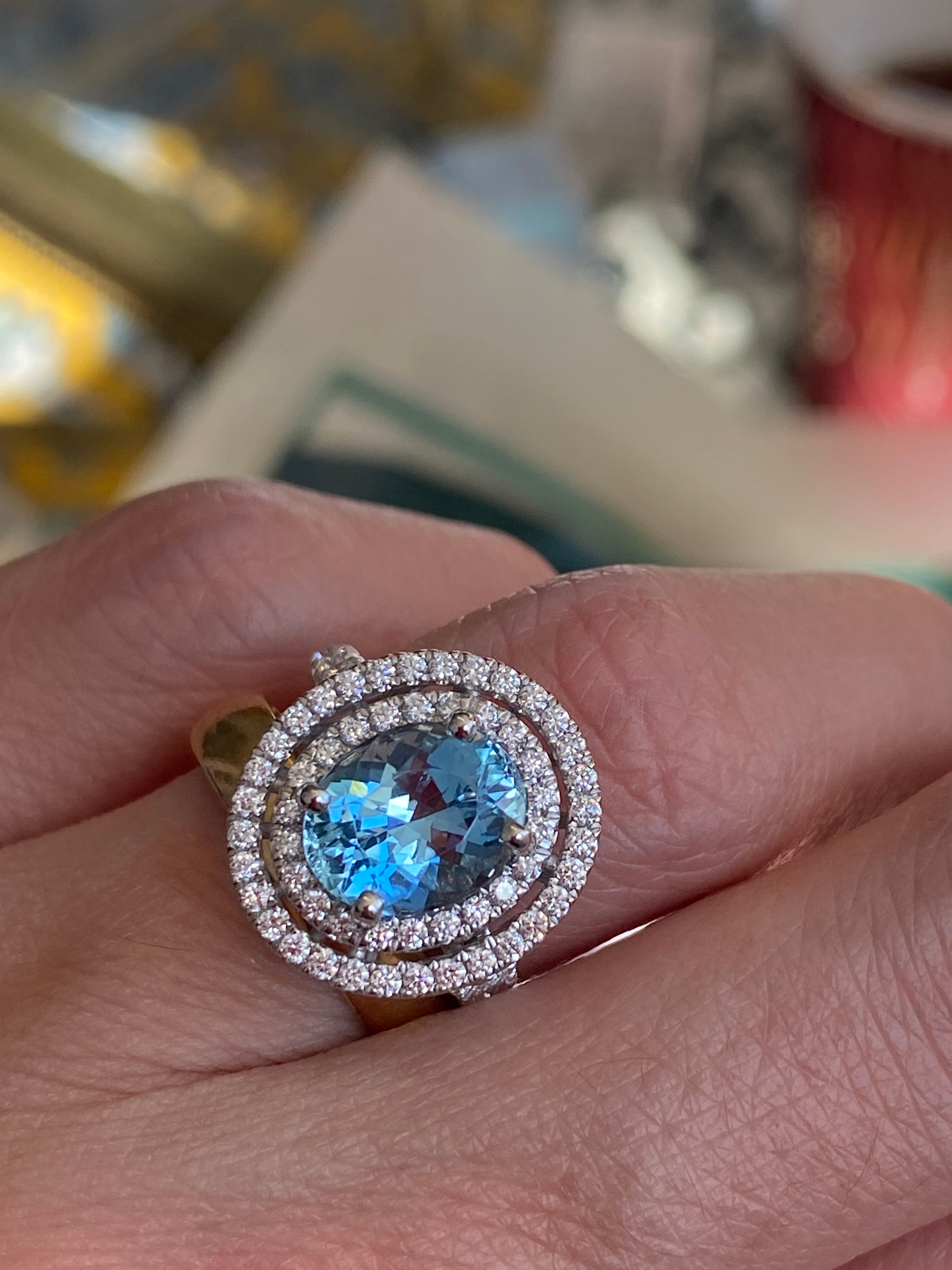 3.23 CTW Oval Cut Aquamarine and Natural Diamond Double Halo Engagement Ring in Platinum