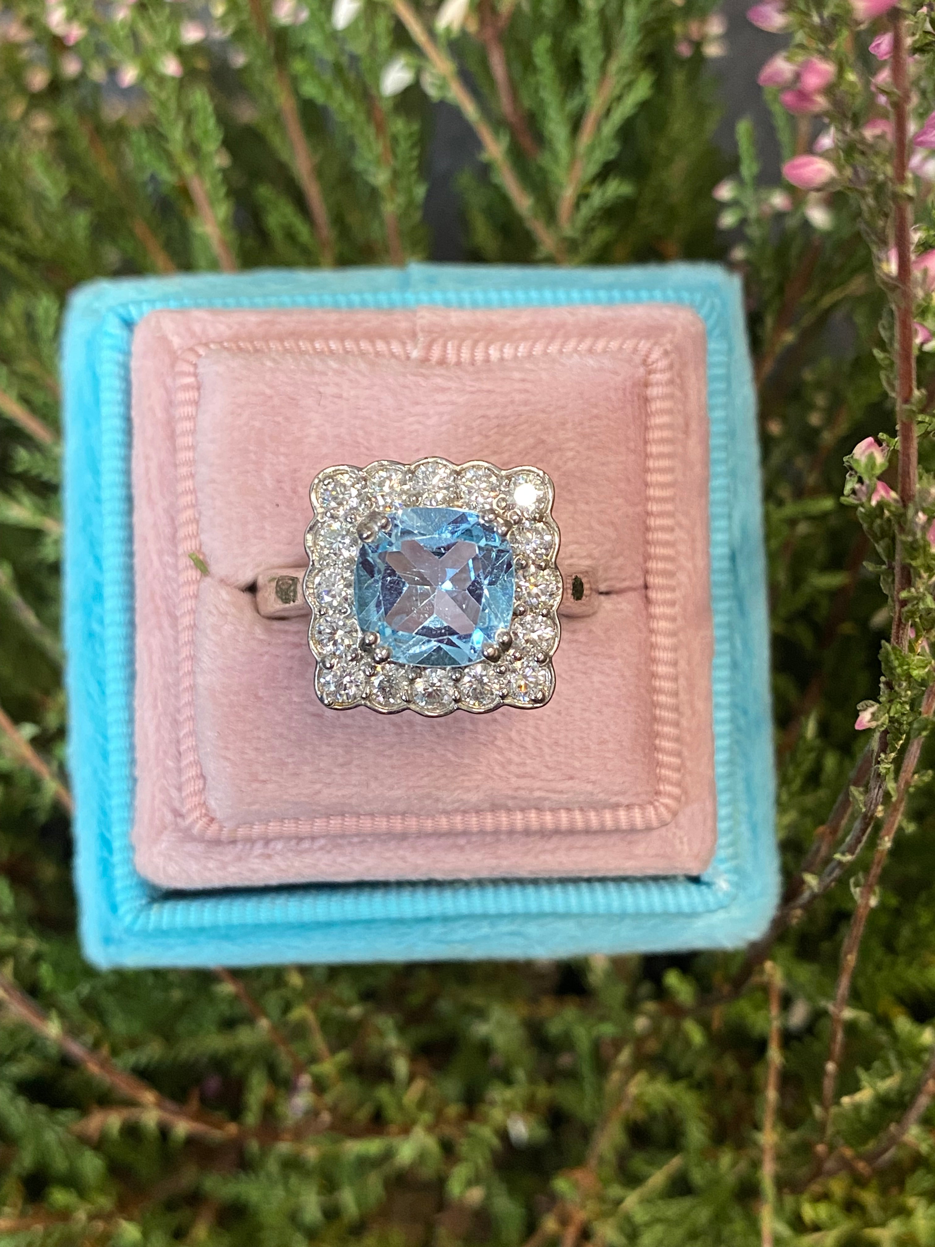 4.29 CTW Cushion Cut Blue Topaz and Moissanite Halo Cocktail Ring in Sterling Silver