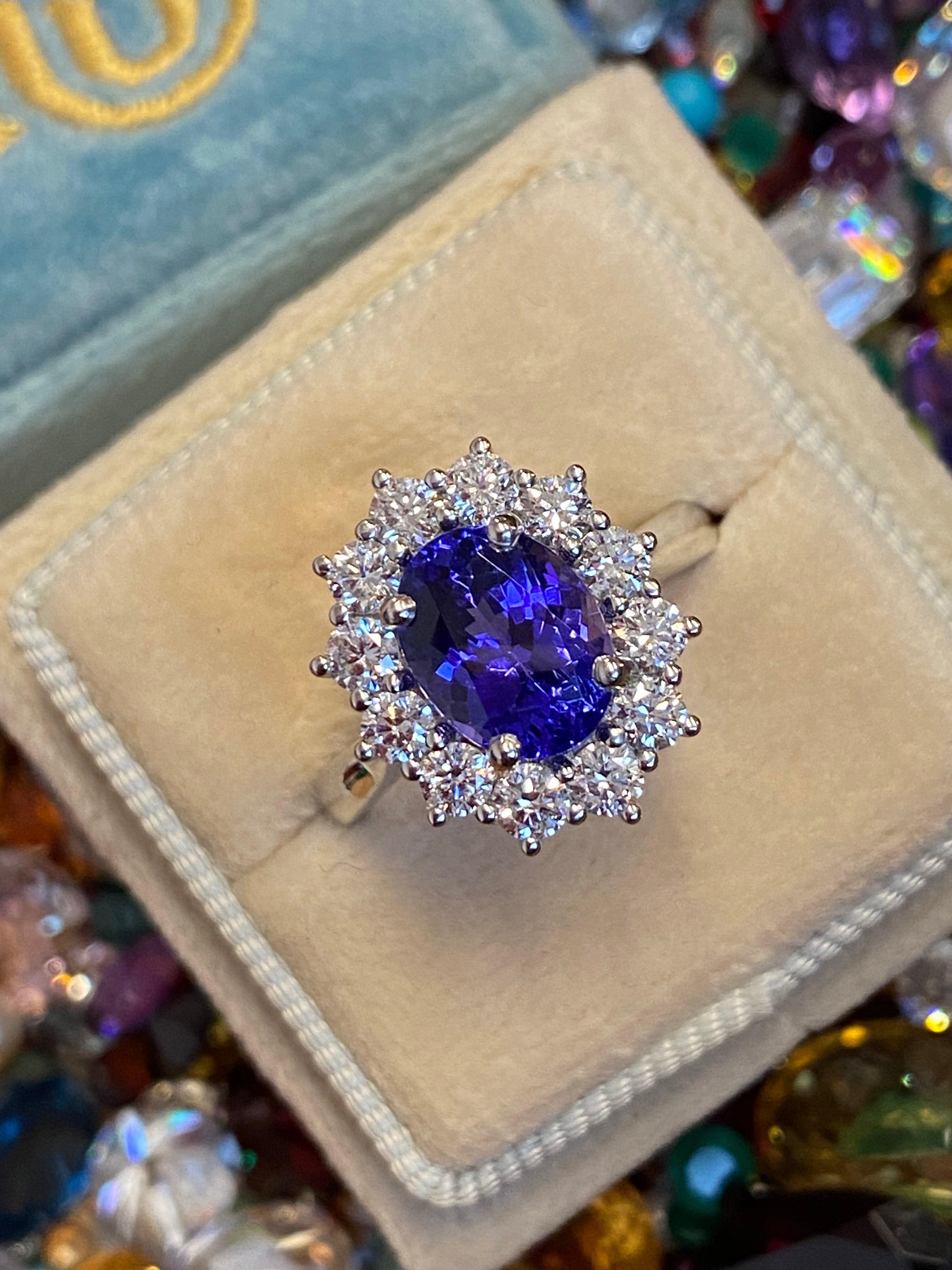 2.37 Carat Oval Cut Tanzanite and 0.93 ctw Natural Diamond Ring in Platinum