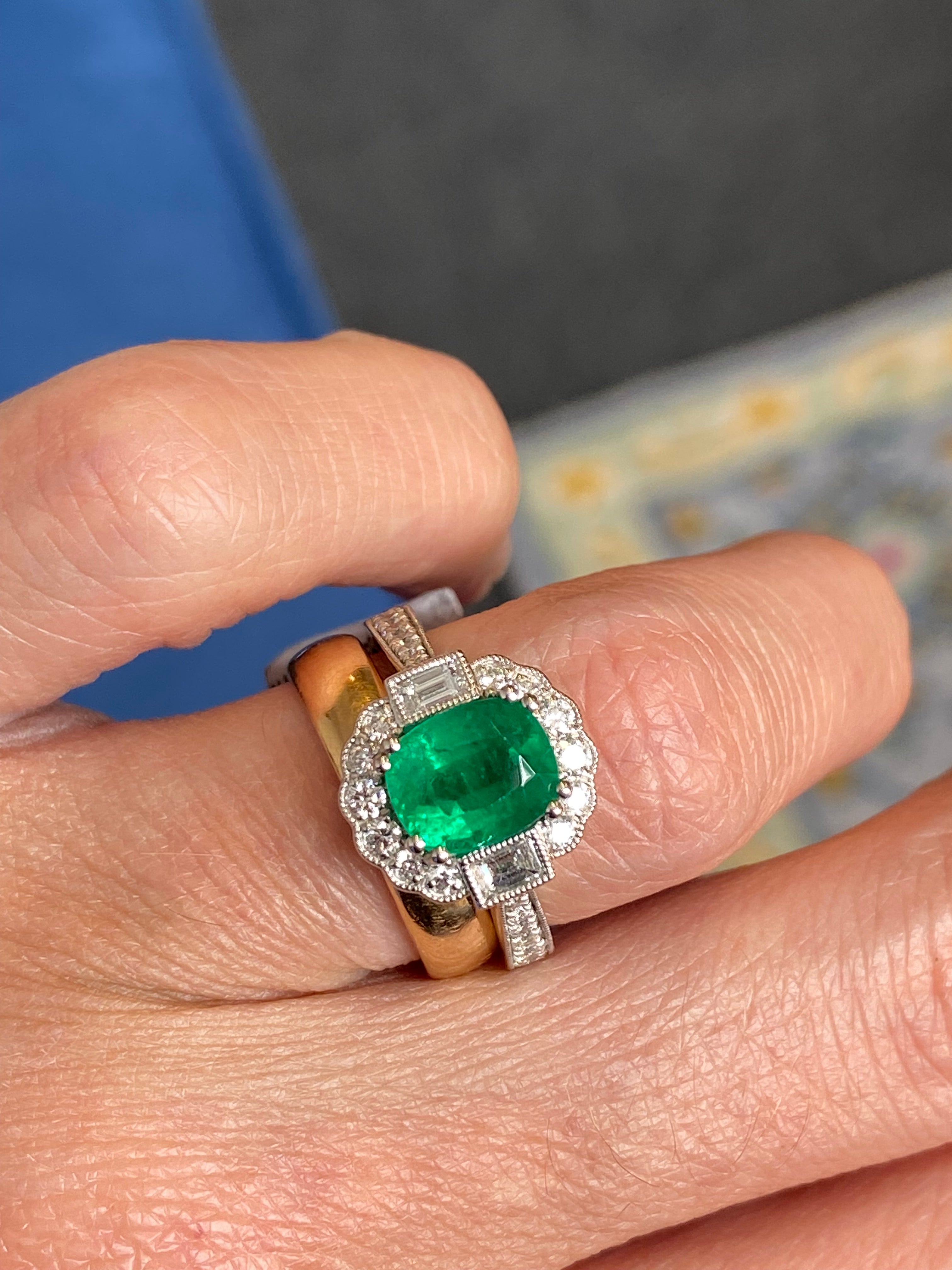 2.02 Carat Cushion Cut Emerald and 0.65 CTW Natural Diamond Halo Ring in Platinum