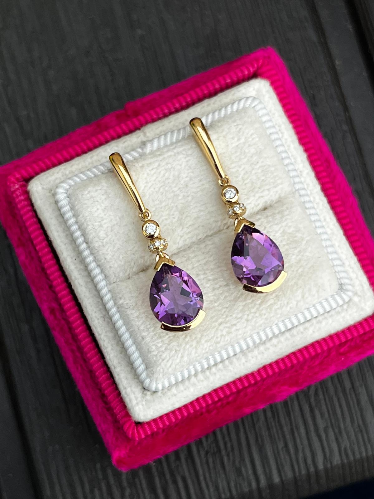 2.99 CTW Amethyst and Diamond Drop Earrings in 18ct Yellow Gold